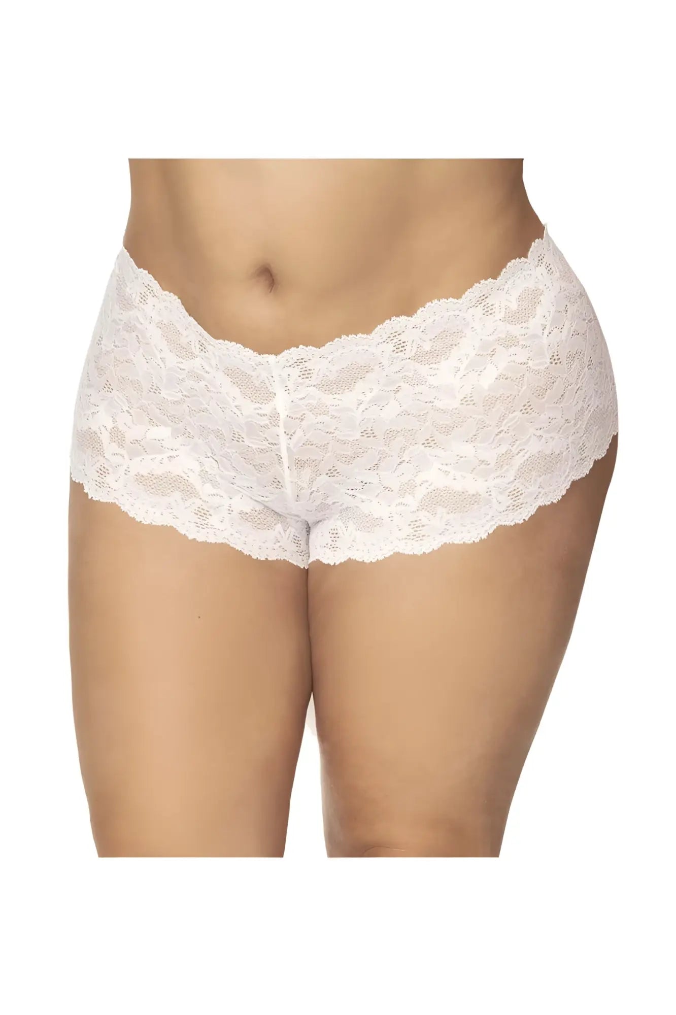 White lace Mapale 90X boyshort underwear with scalloped edge and delicate floral pattern front view