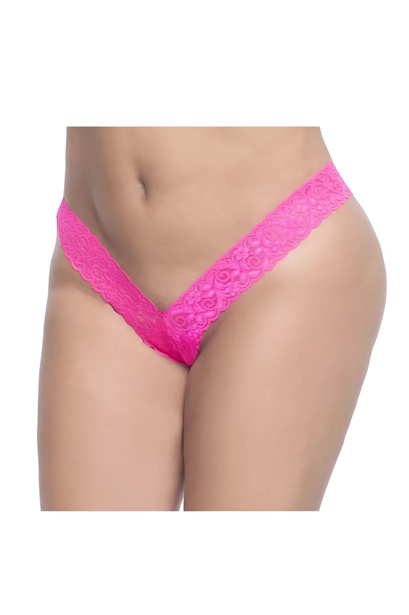 Bright pink lace thong with floral pattern from mapale 93x lace boyshort collection in hot pink color