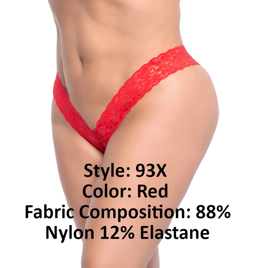 Red lace thong with v-shaped design in red made from 88% nylon 12% elastane by mapale 93x lace boyshort