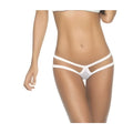 White strappy bikini bottom with crisscross cage design in white by Mapale shown from the back in size M/L