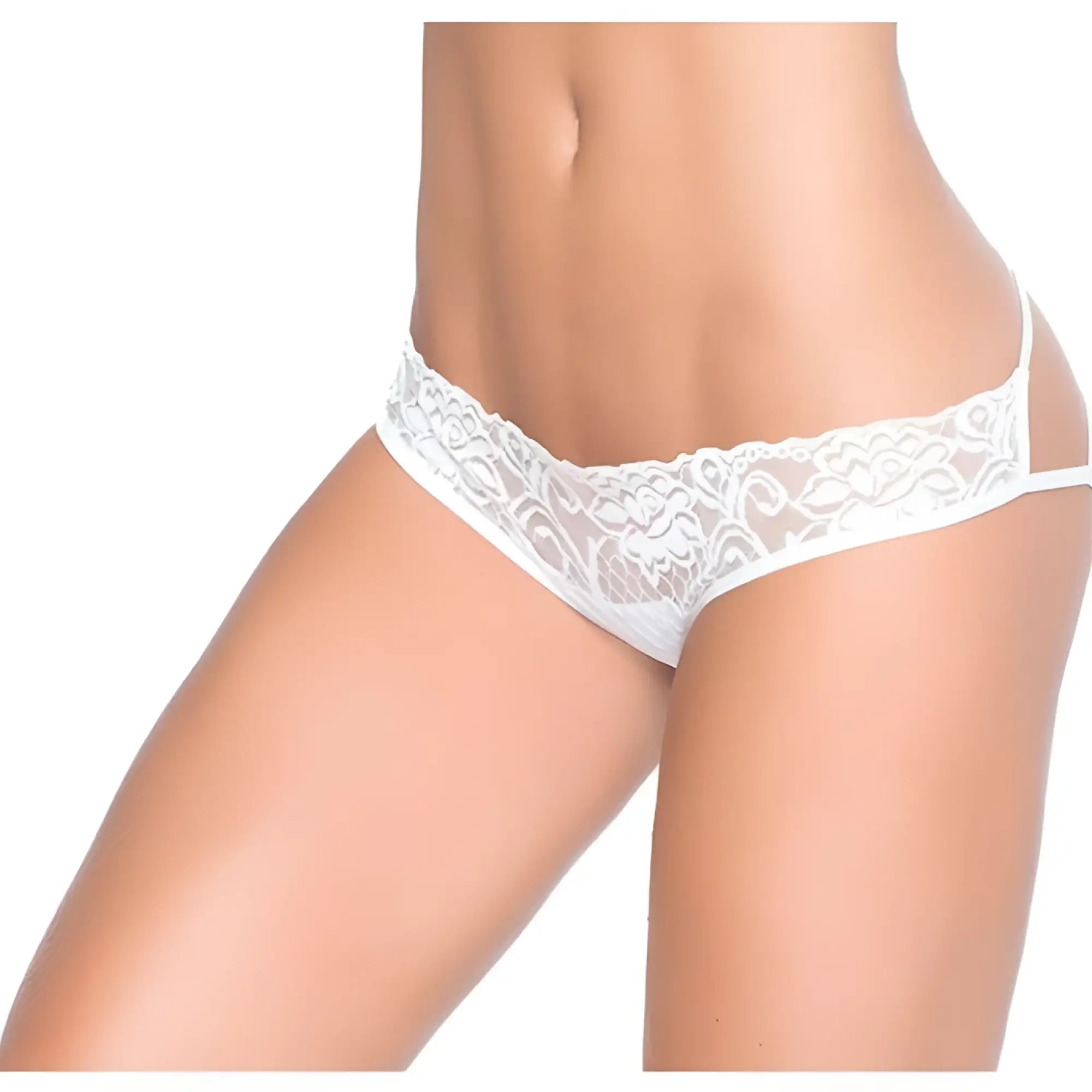 White lace thong pantie with delicate floral patterns and thin straps by Mapale in white, front view