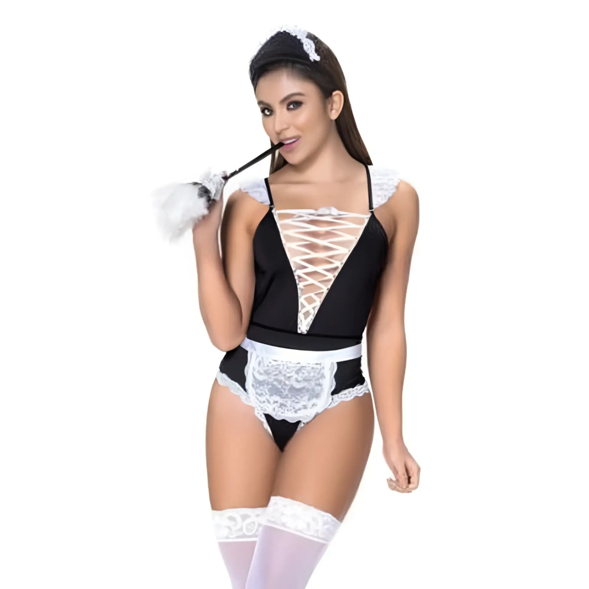 Black and white lace french maid costume set with corset top panties and thigh-high stockings by mapale s/m