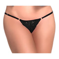 Black lace thong with thin straps and gold toned hardware from mapale lace keyhole pantie black s/m collection
