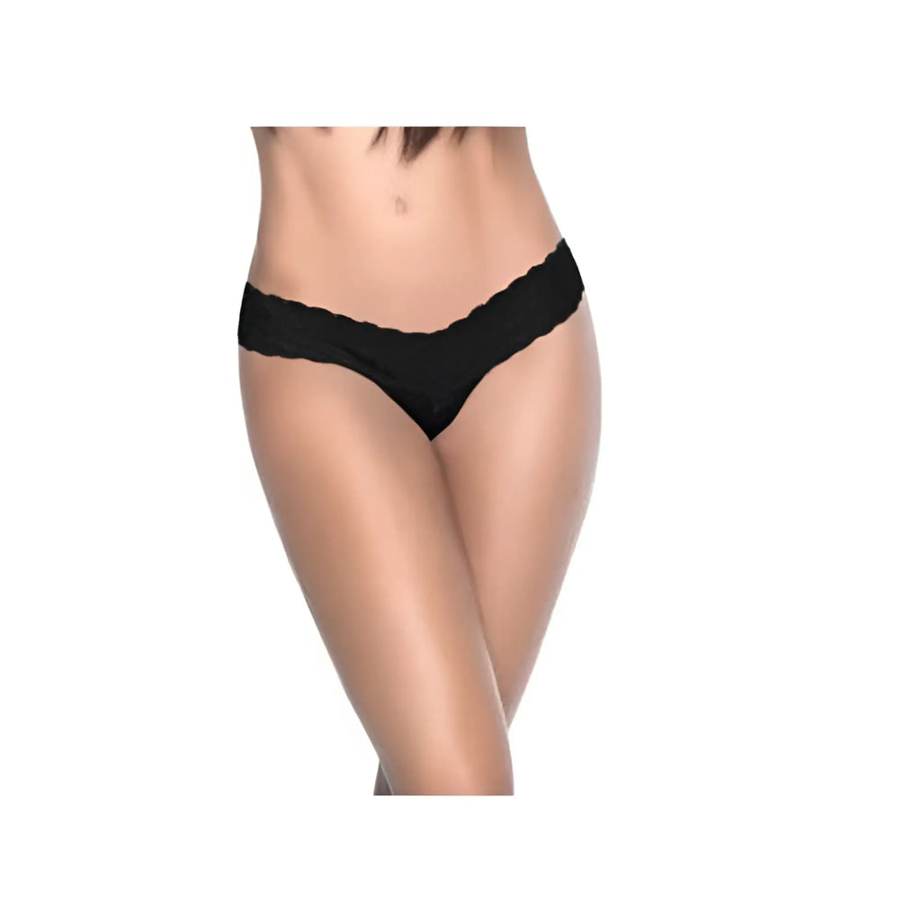 Black lace-trimmed thong underwear with lace v back in black by mapale shown from the back in size xl