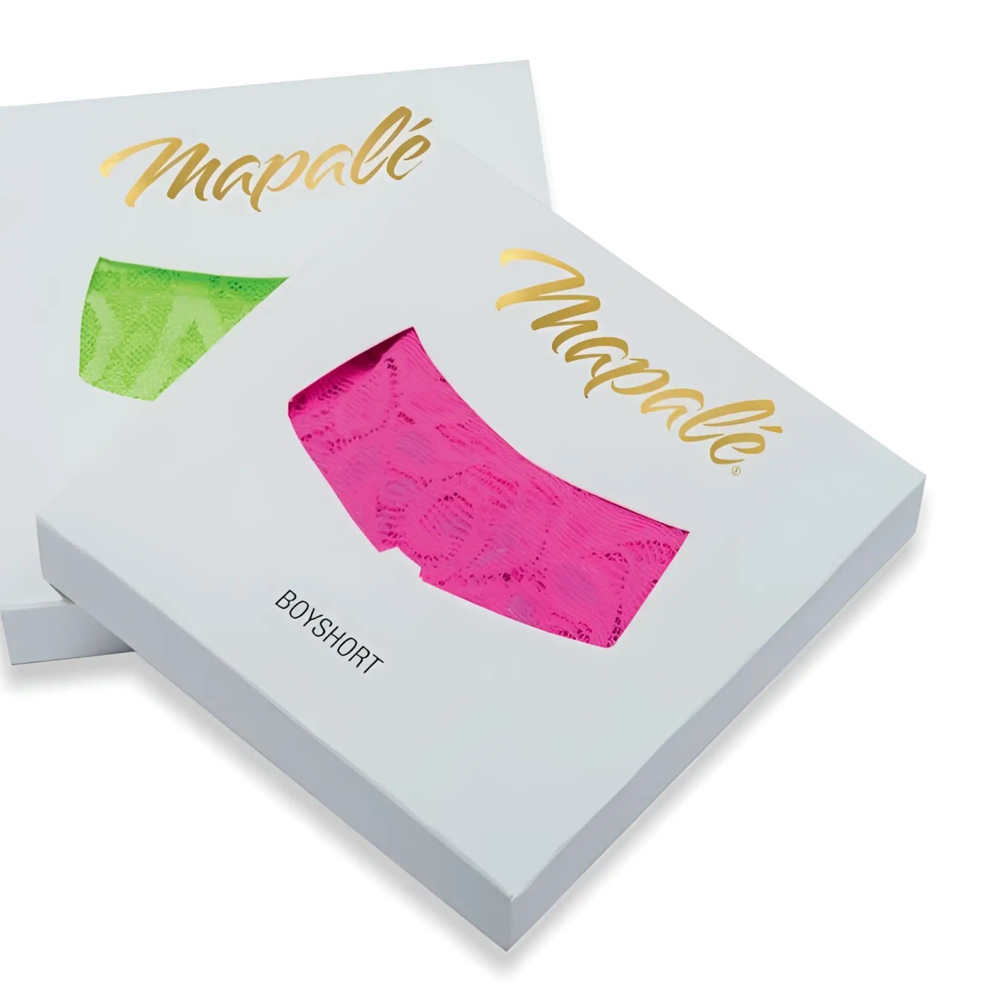 Pink lace boyshort in a white mapalé branded box showcasing delicate lace fabric and stylish design