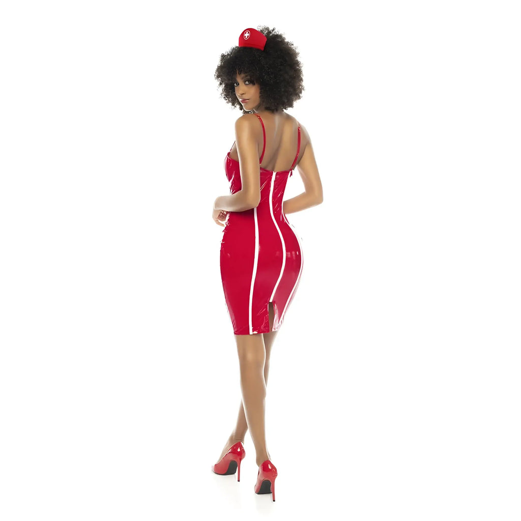 Back view of mapale nurse costume vinyl red s glossy red latex dress with white vertical stripes and back zipper