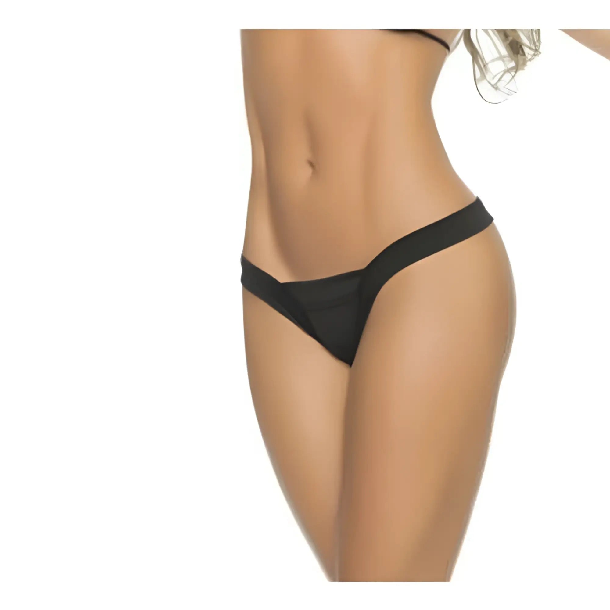 Black thong bikini bottom by Mapale in smooth fabric with a solid sleek design shown from the back in size S/M