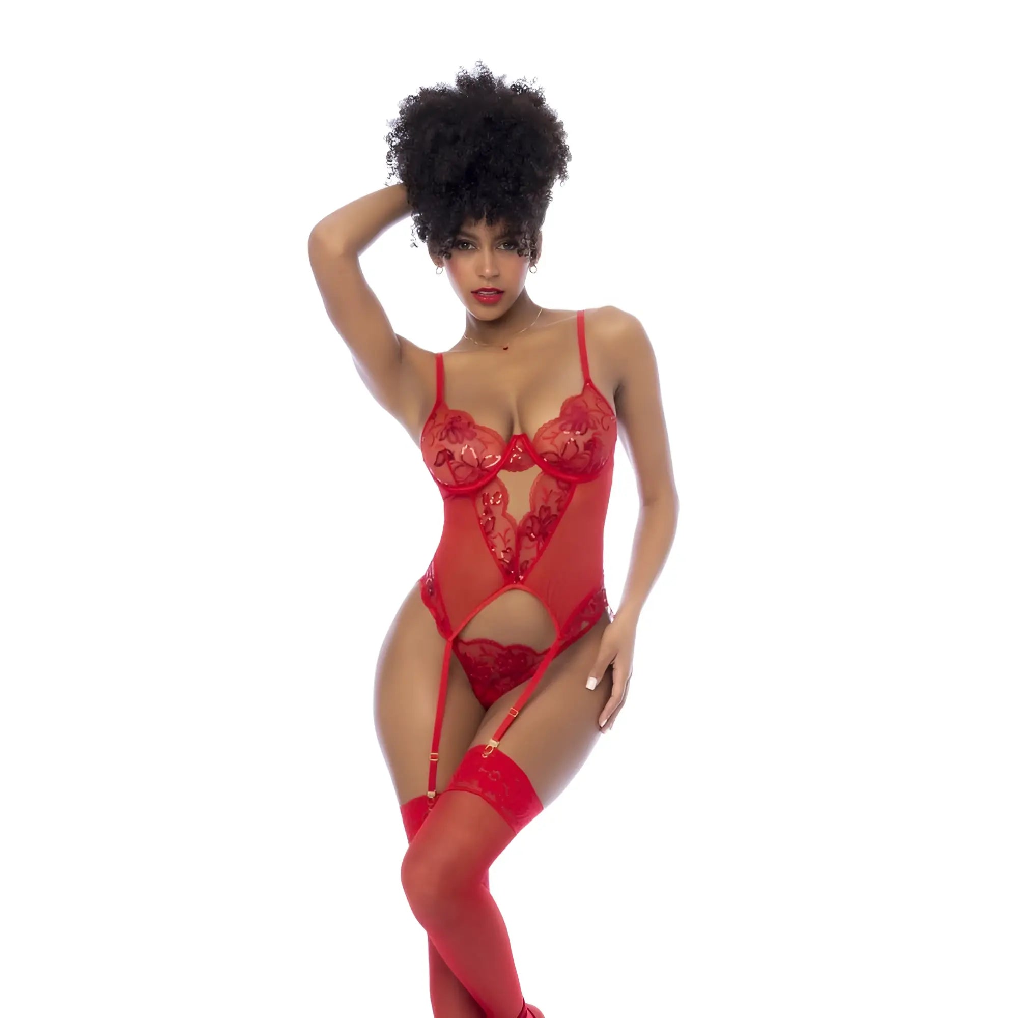 Red lace bodysuit with matching garter belt and thigh-high stockings in mapale red 2 pc set with thong sm