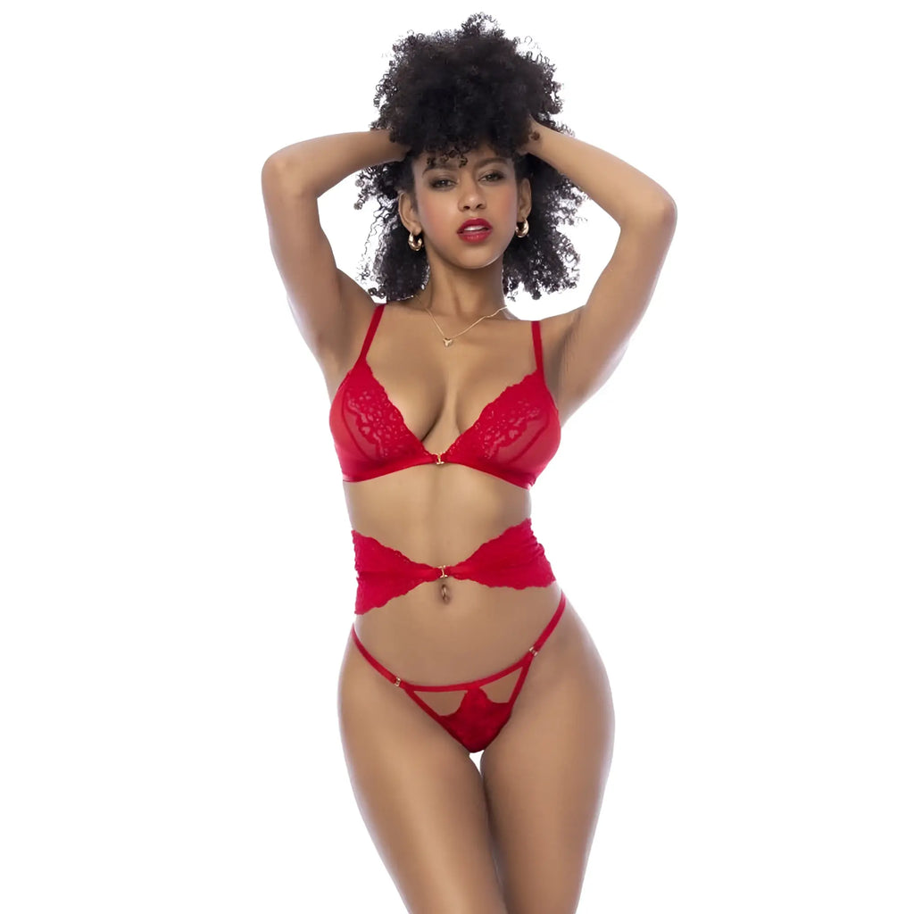 Mapale red 3 pc lingerie set with bra panties and flexible corset featuring delicate floral lace and thin straps