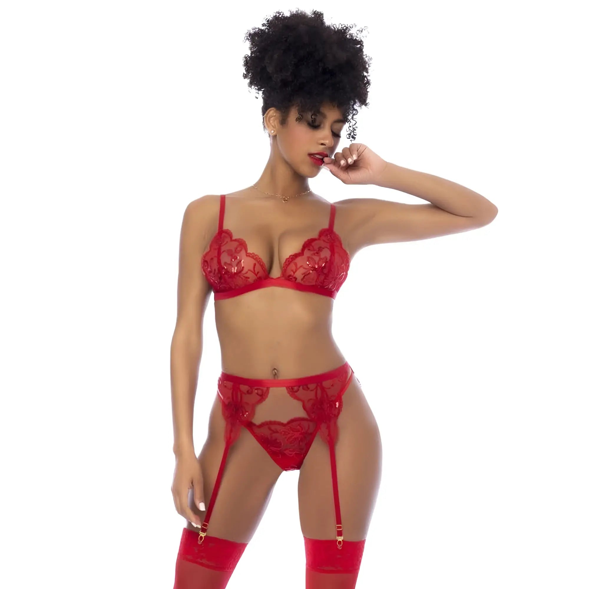 Mapale red 3 pc lingerie set with bralette garter belt and thong in red lace with intricate floral patterns and garter straps
