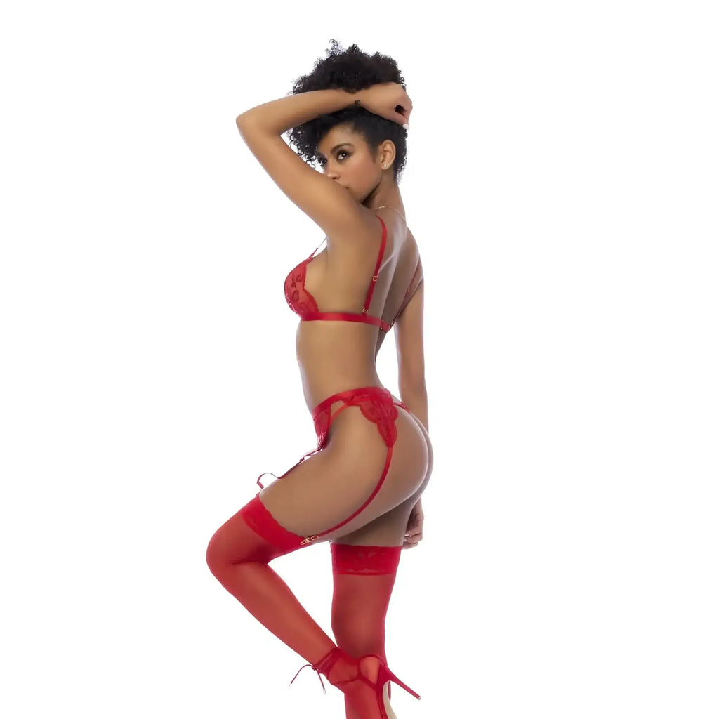 Red lace lingerie set by mapale featuring bralette garter belt thong and matching thigh-high stockings with heels