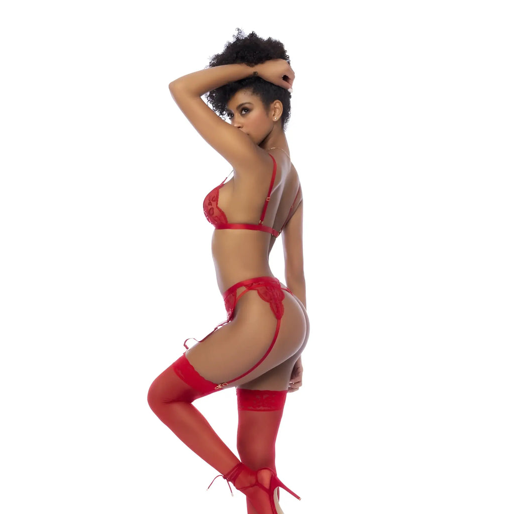 Red lace lingerie set by mapale featuring bralette garter belt thong and matching thigh-high stockings with heels