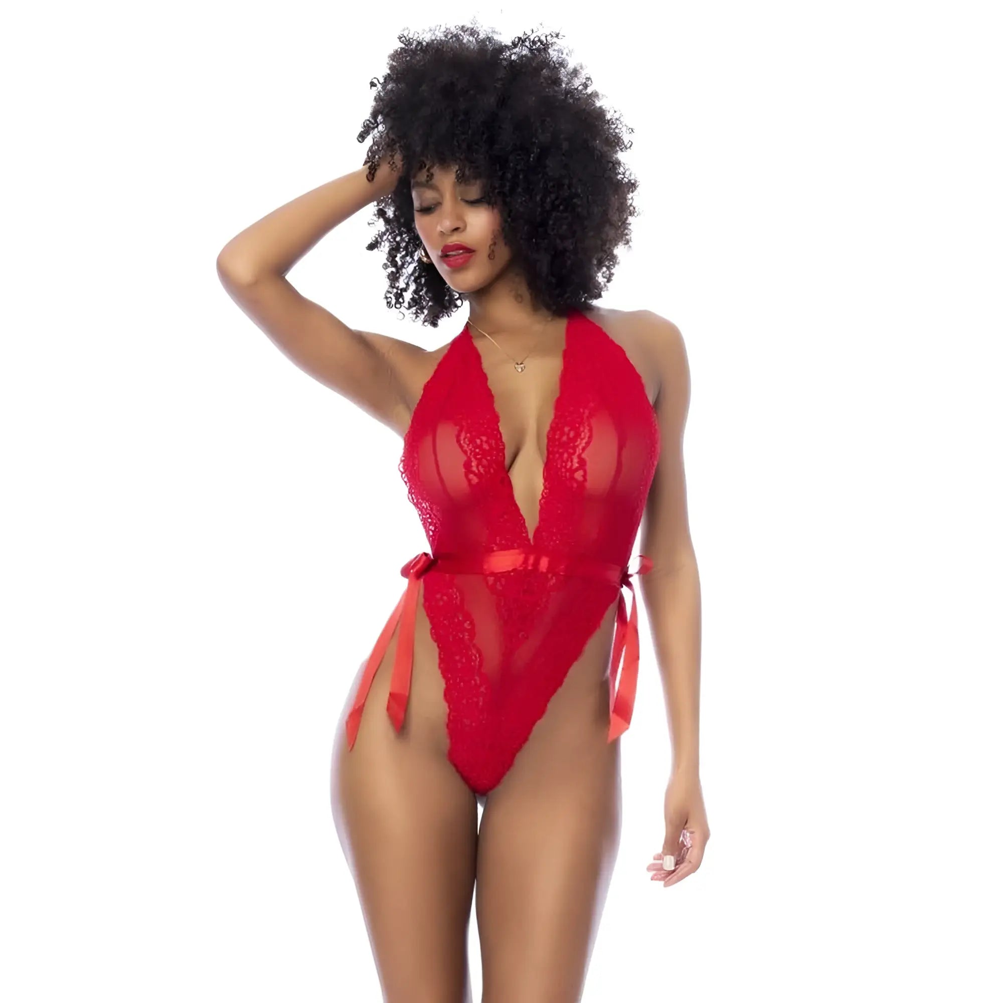 Red lace halter one-piece bodysuit with side ties by mapale in size s m for stylish intimate wear