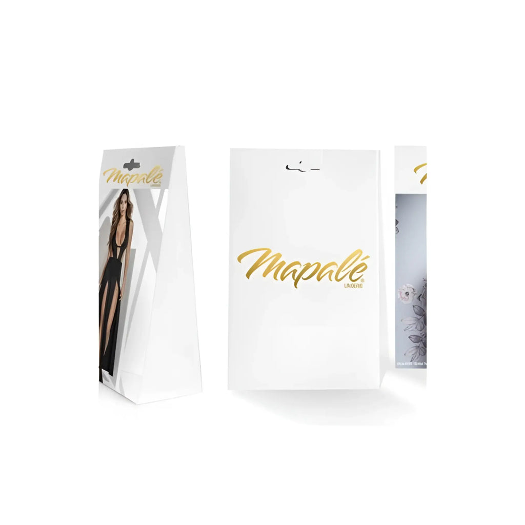 White mapalé lingerie packaging with gold foil branding and model image for mapale strappy black bodysuit size m l