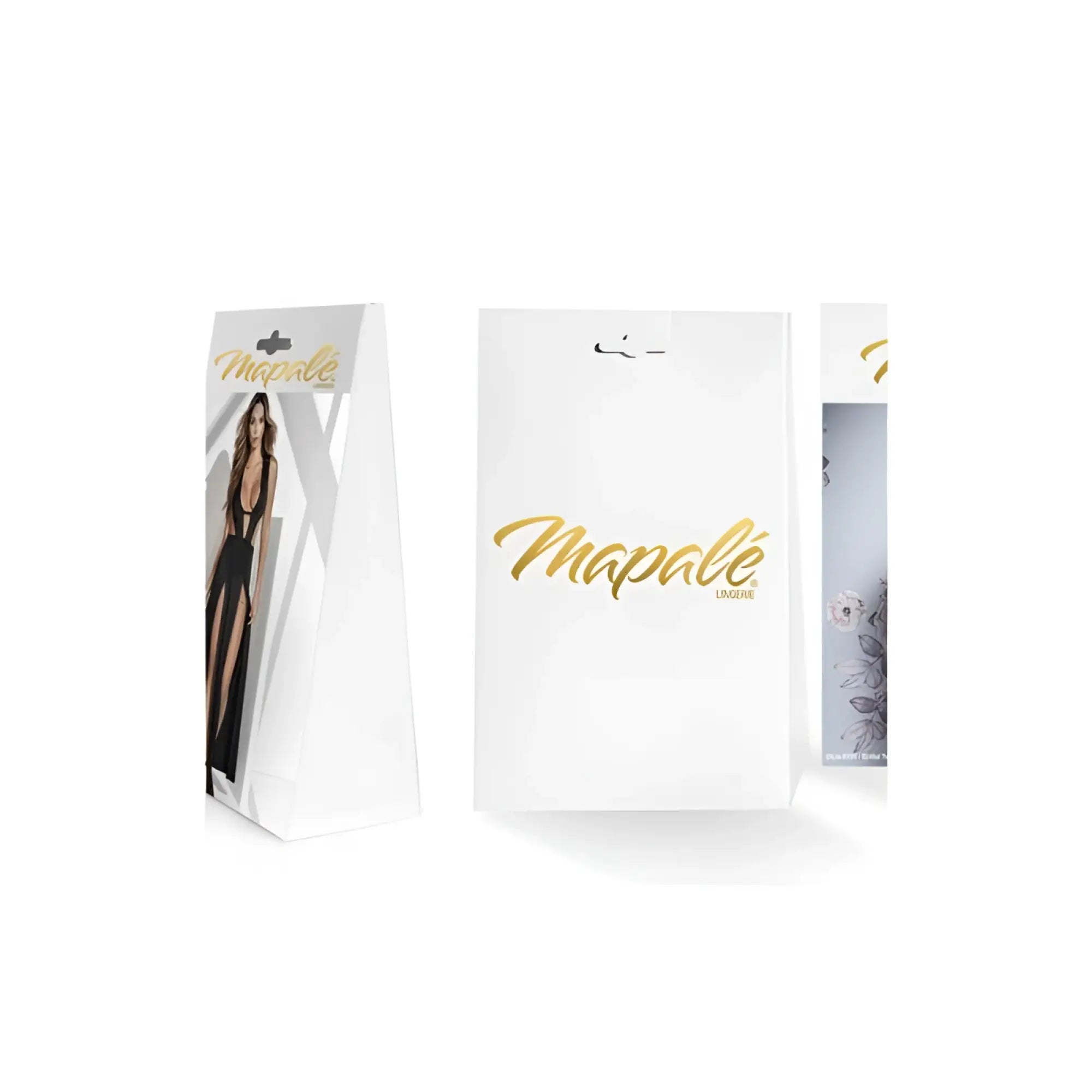 White mapalé lingerie packaging with gold foil branding and model image for mapale strappy black bodysuit size m l