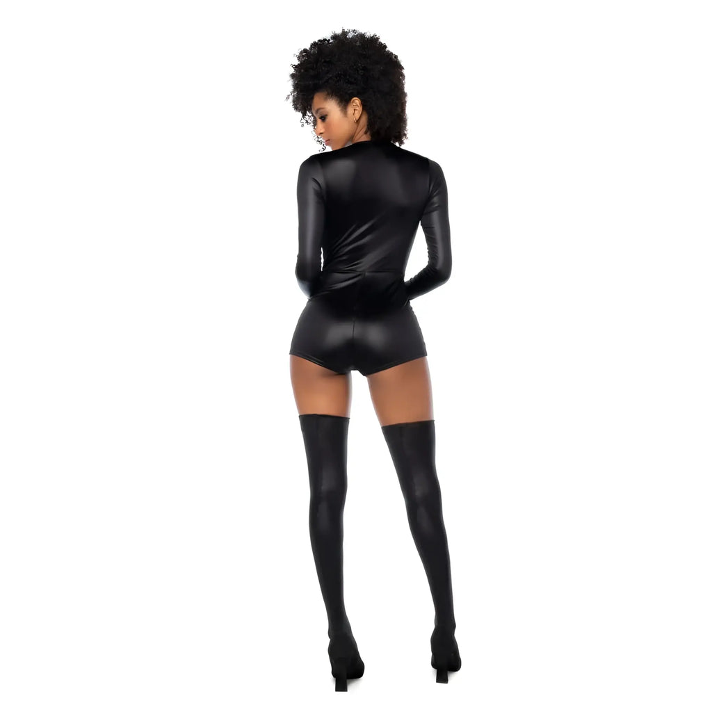 Mapale sultry swat officer 2 pc black glossy faux leather long sleeve one-piece outfit with high-waisted shorts