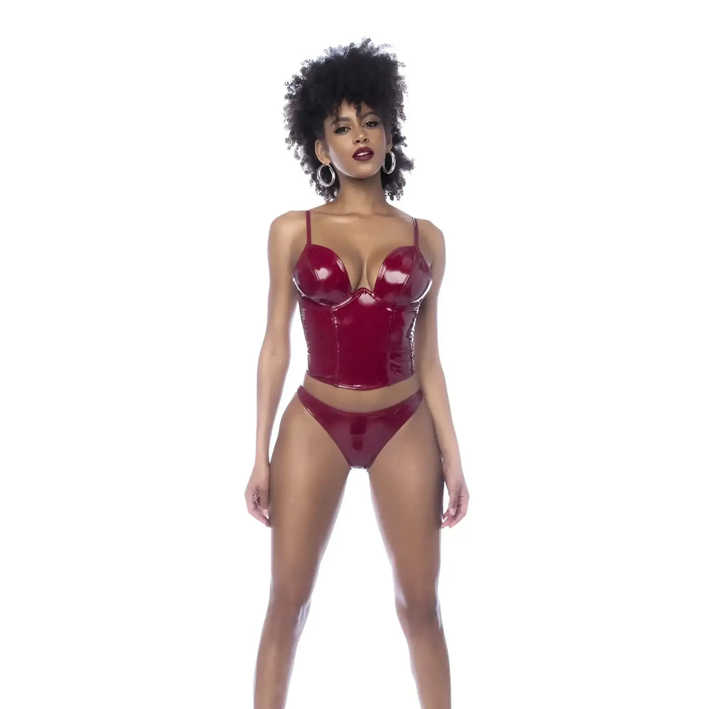 Gloss wine mapale wet look vinyl 2 pc set featuring a glossy red latex corset and matching briefs in a form-fitting design