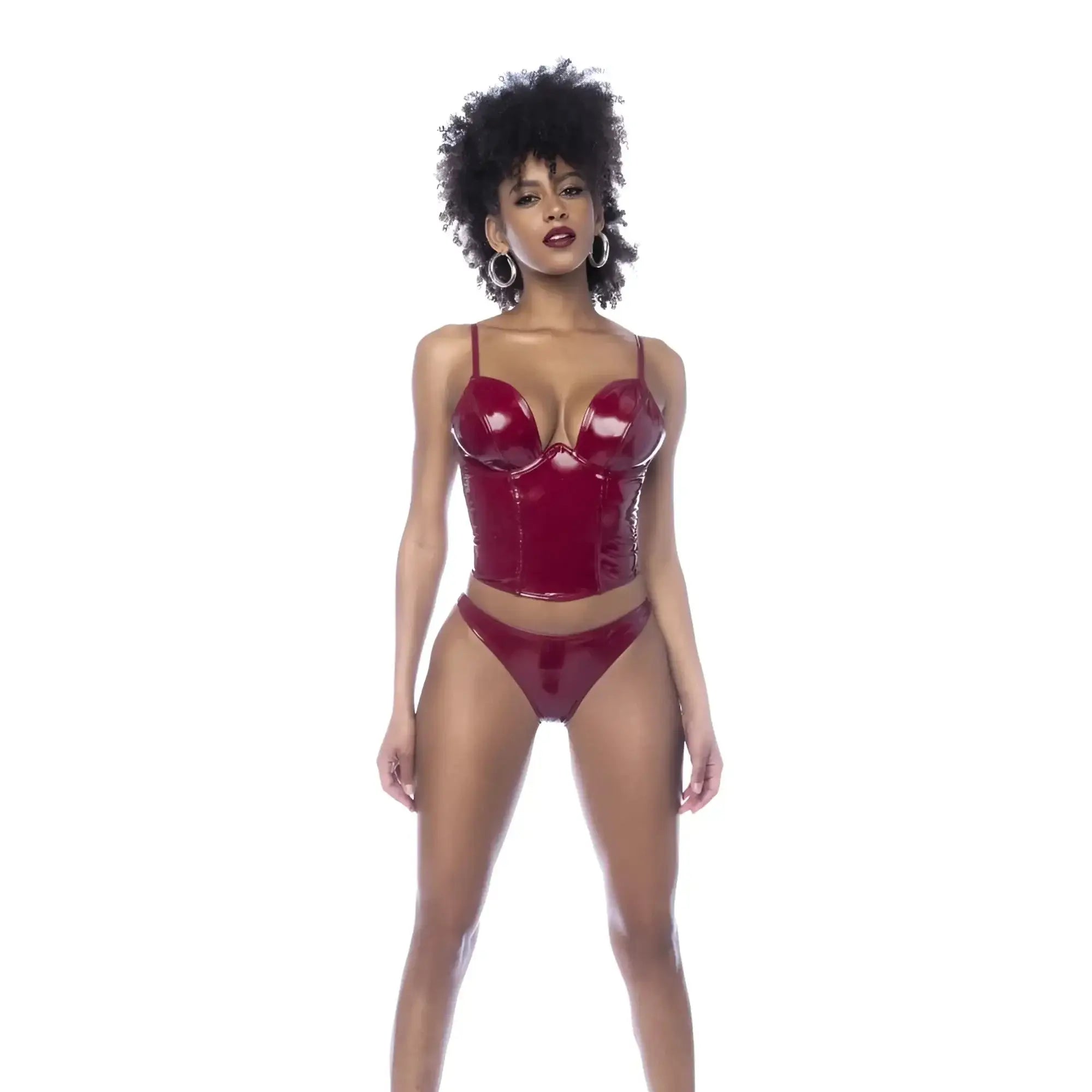 Gloss wine mapale wet look vinyl 2 pc set featuring a glossy red latex corset and matching briefs in a form-fitting design