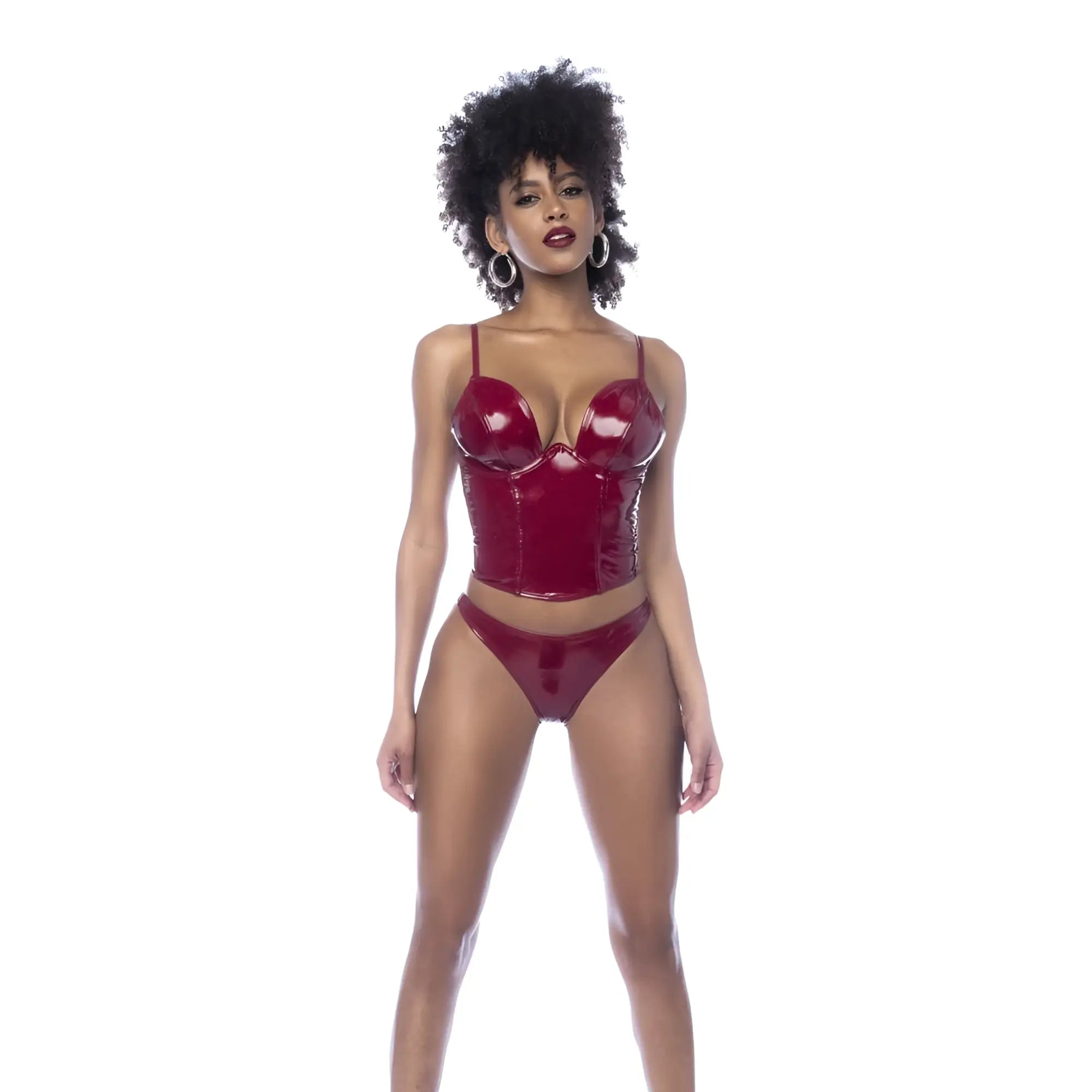 Gloss wine mapale wet look vinyl 2 pc set featuring a glossy red latex corset and matching briefs in a form-fitting design