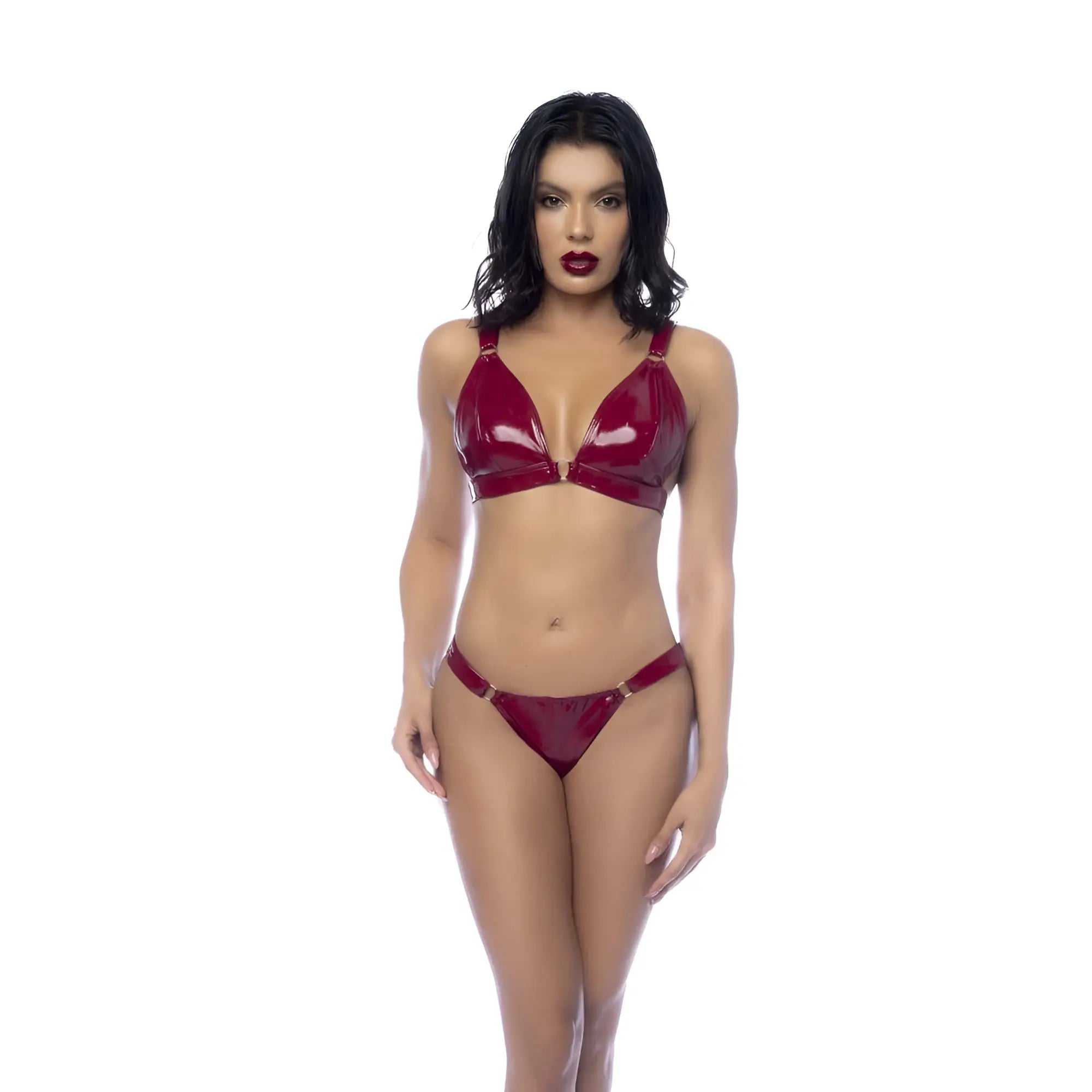 A glossy deep red latex bikini set with a sleek form-fitting design mapale wet look vinyl 2 pc set gloss wine s