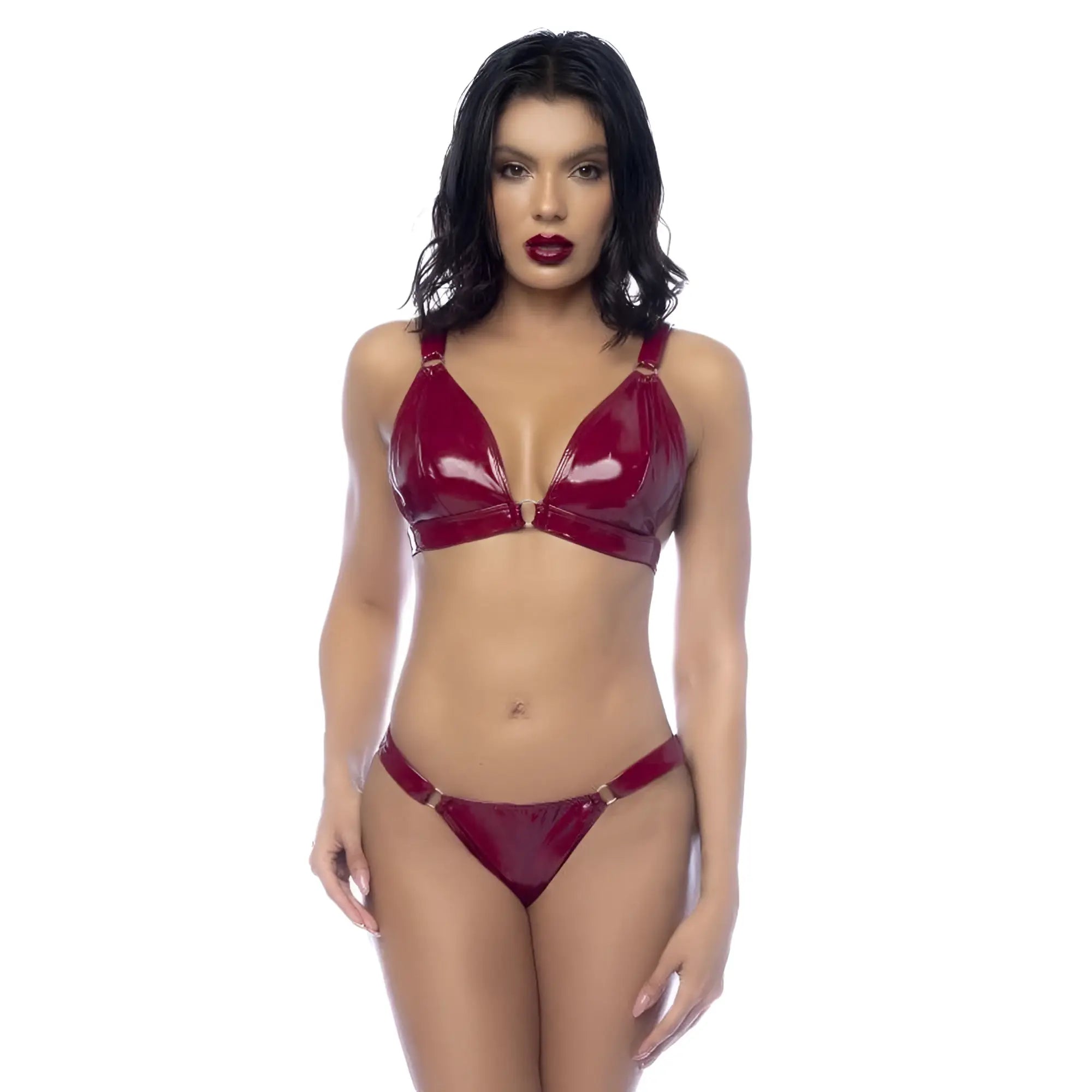 A deep red glossy latex bra and thong set with metallic gold-toned hardware from mapale wet look vinyl collection