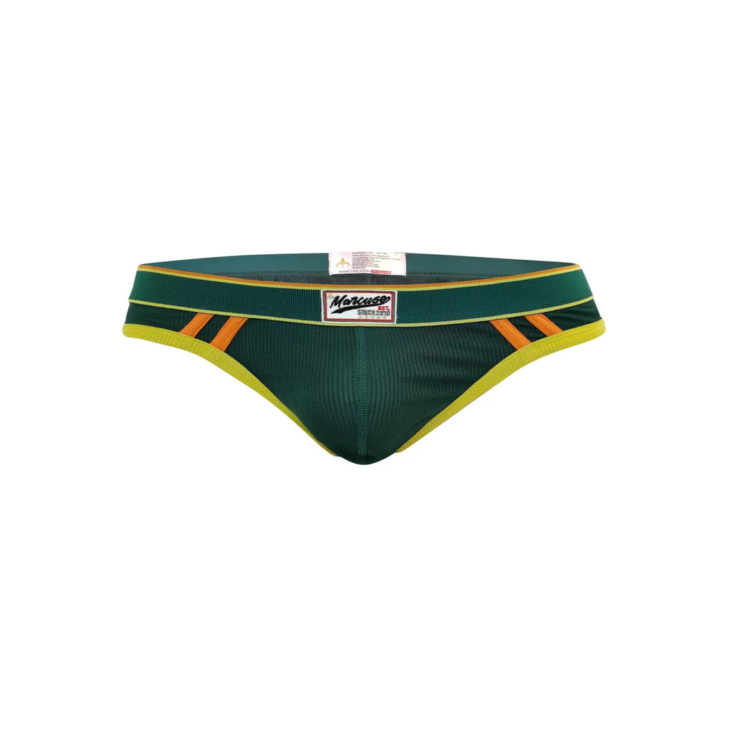 Dark green Marcuse Adventure Brief underwear with yellow and orange diagonal stripes and ribbed texture waistband label