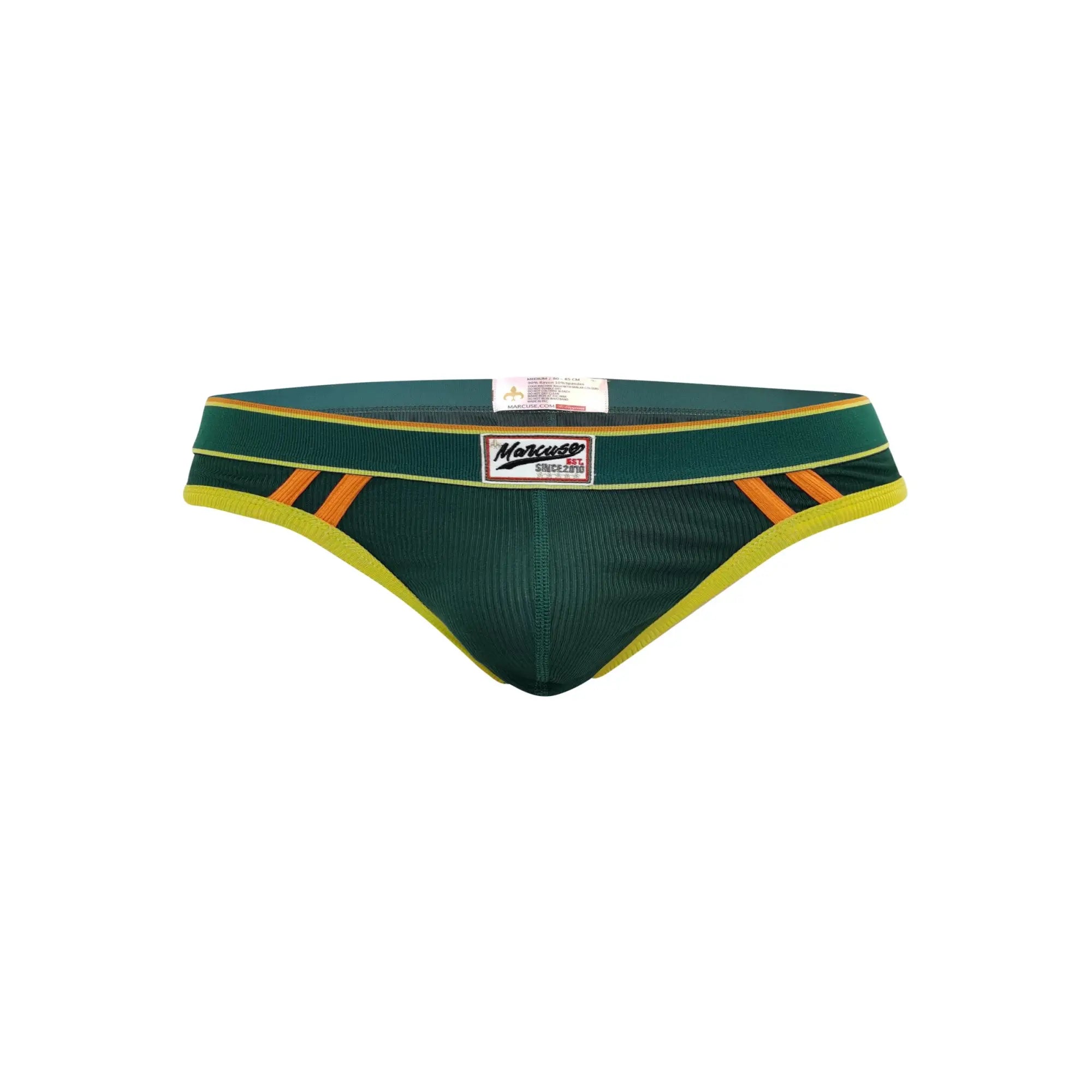 Dark green Marcuse Adventure Brief underwear with yellow and orange diagonal stripes and ribbed texture waistband label