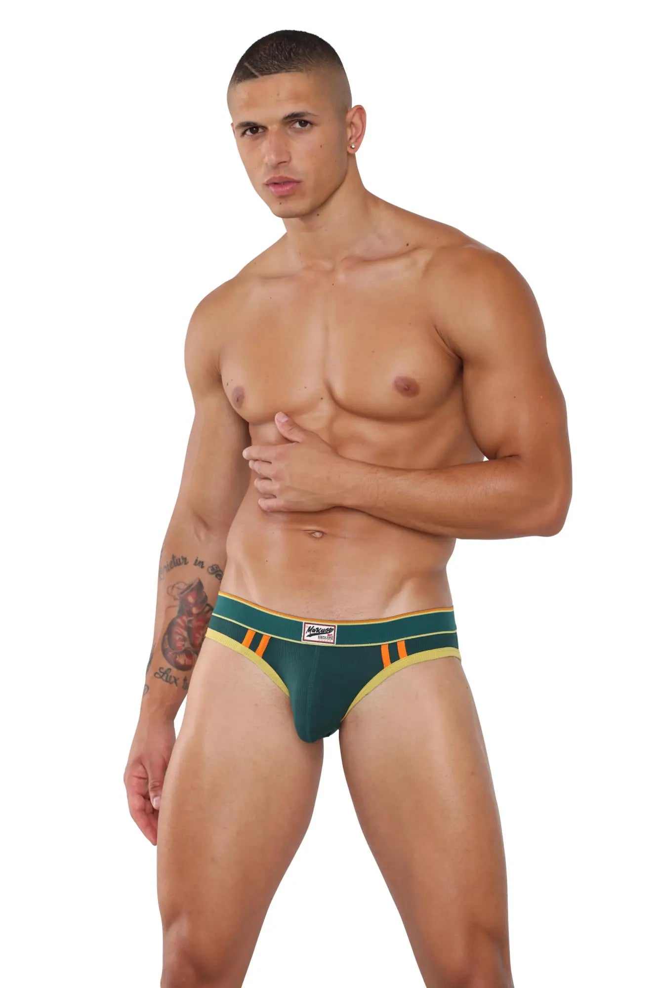 Marcuse adventure brief underwear dark green athletic briefs with yellow and orange trim and white logo waistband