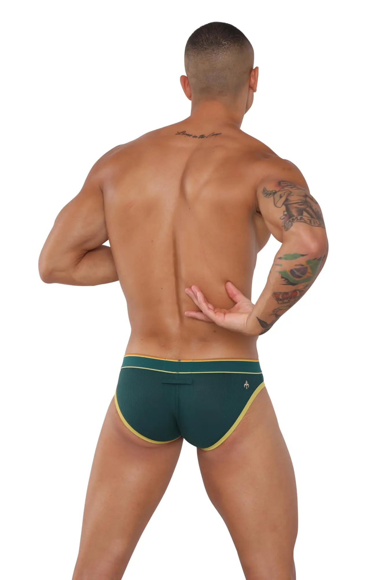Dark green Marcuse Adventure brief underwear with yellow trim and small logo on the waistband