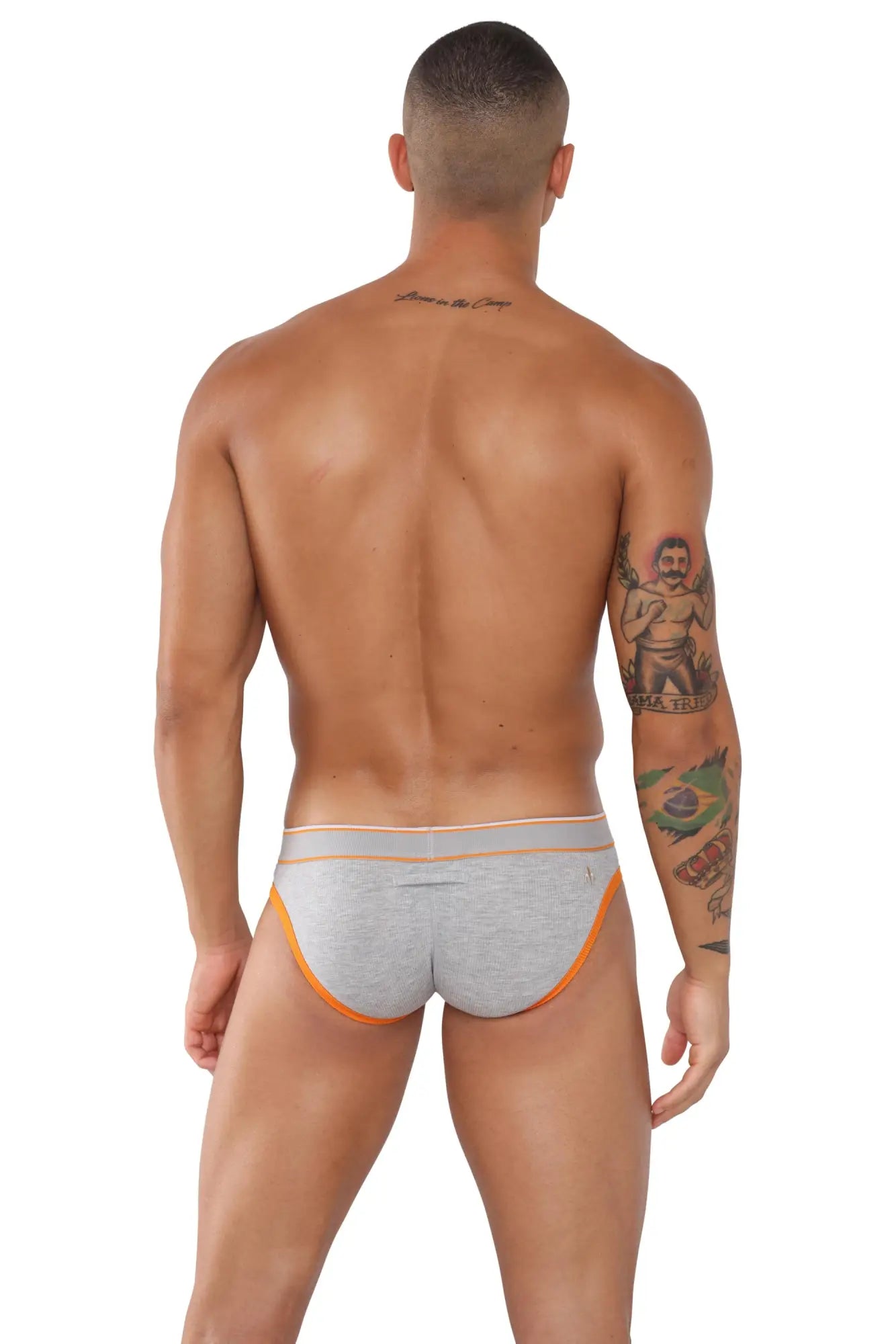 Gray heathered Marcuse Adventure Brief underwear with bright orange trim designed for comfortable support
