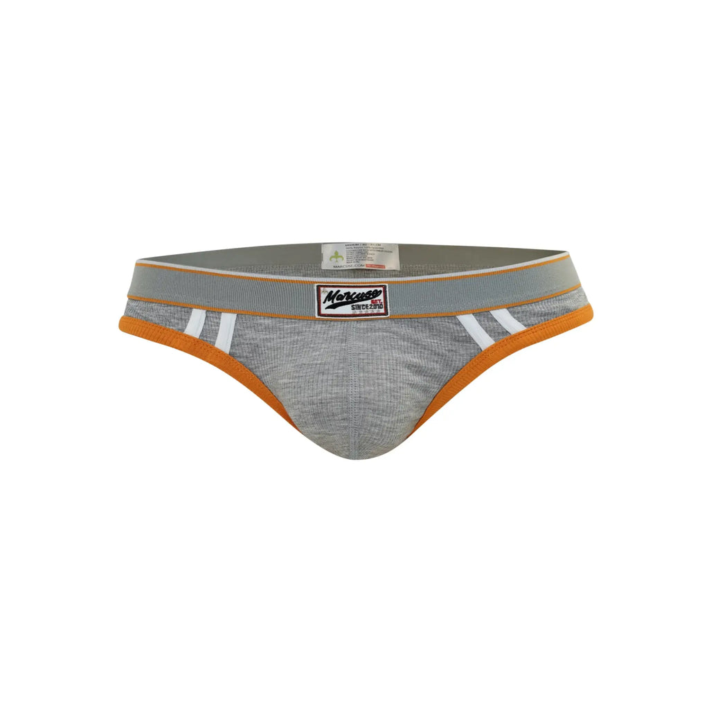 Marcuse adventure brief underwear in gray and orange with white stripes and branded waistband for athletic use
