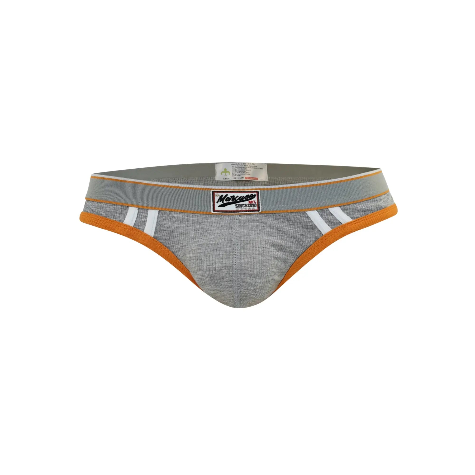 Marcuse adventure brief underwear in gray and orange with white stripes and branded waistband for athletic use