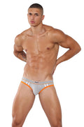Marcuse Adventure Brief underwear in gray and orange with white stripe detail and athletic design