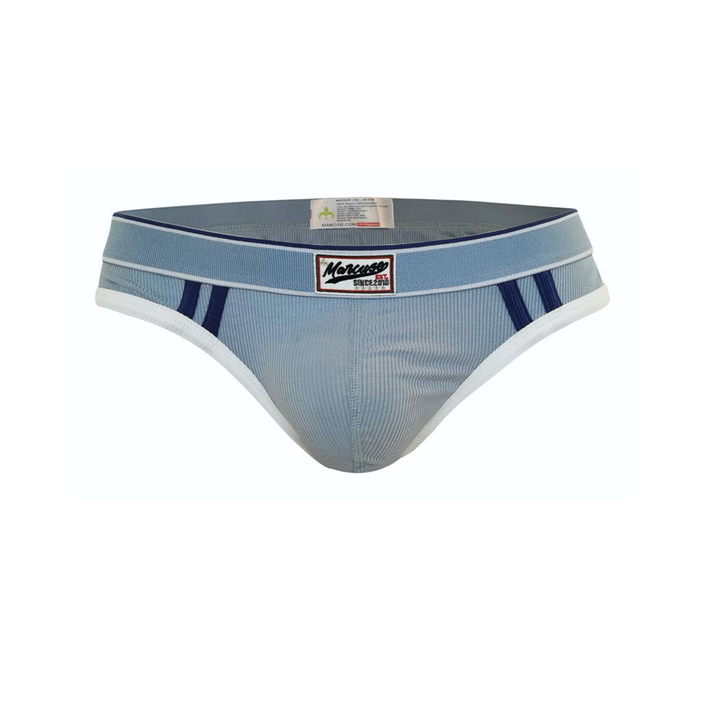 Light blue ribbed marcuse adventure brief underwear with navy and white trim featuring marcasso brand label