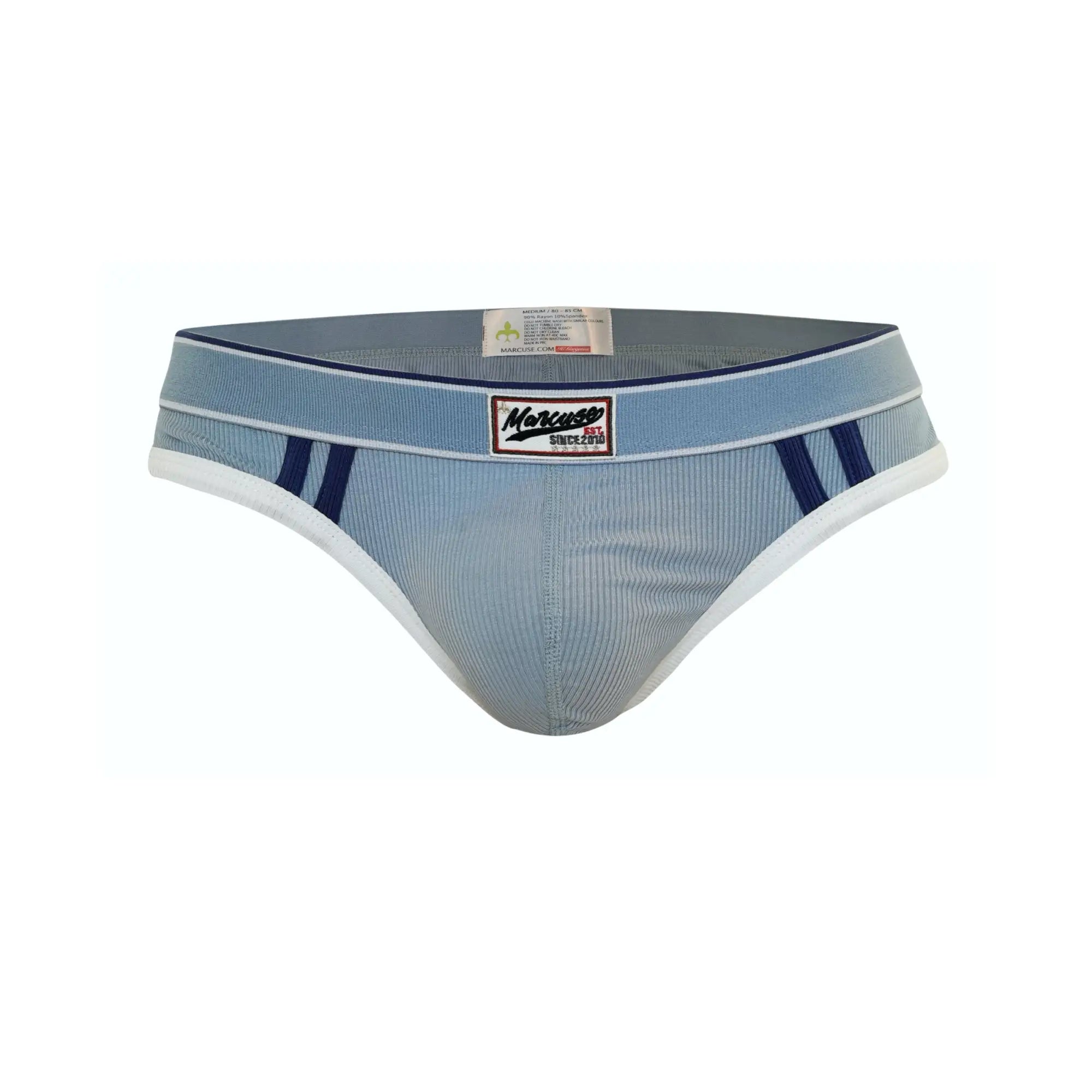 Light blue ribbed marcuse adventure brief underwear with navy and white trim featuring marcasso brand label