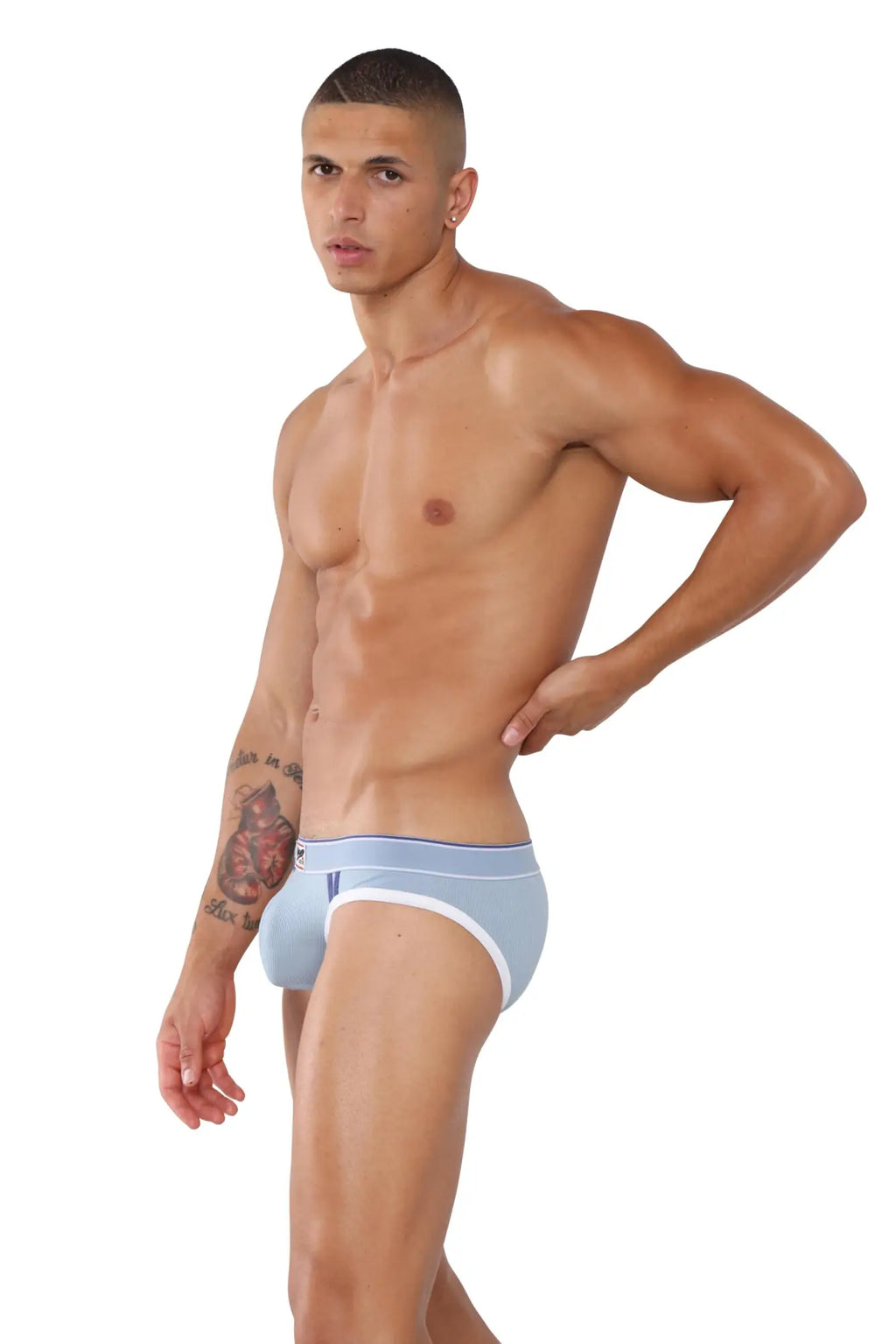Light blue marcuse adventure brief underwear with white trim and small logo on waistband for everyday comfort