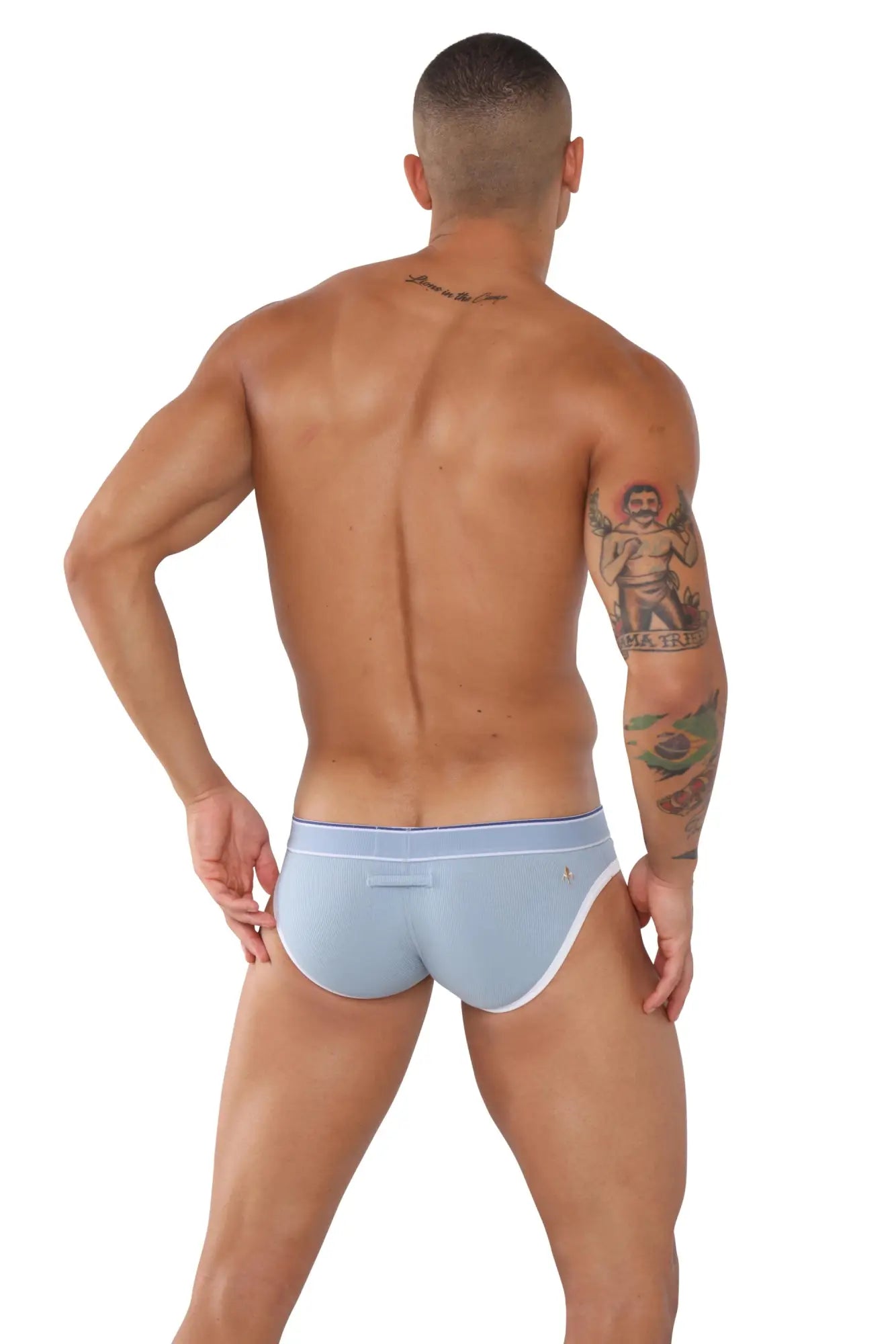 Marcuse adventure brief underwear in light blue with white trim and a small logo on the side