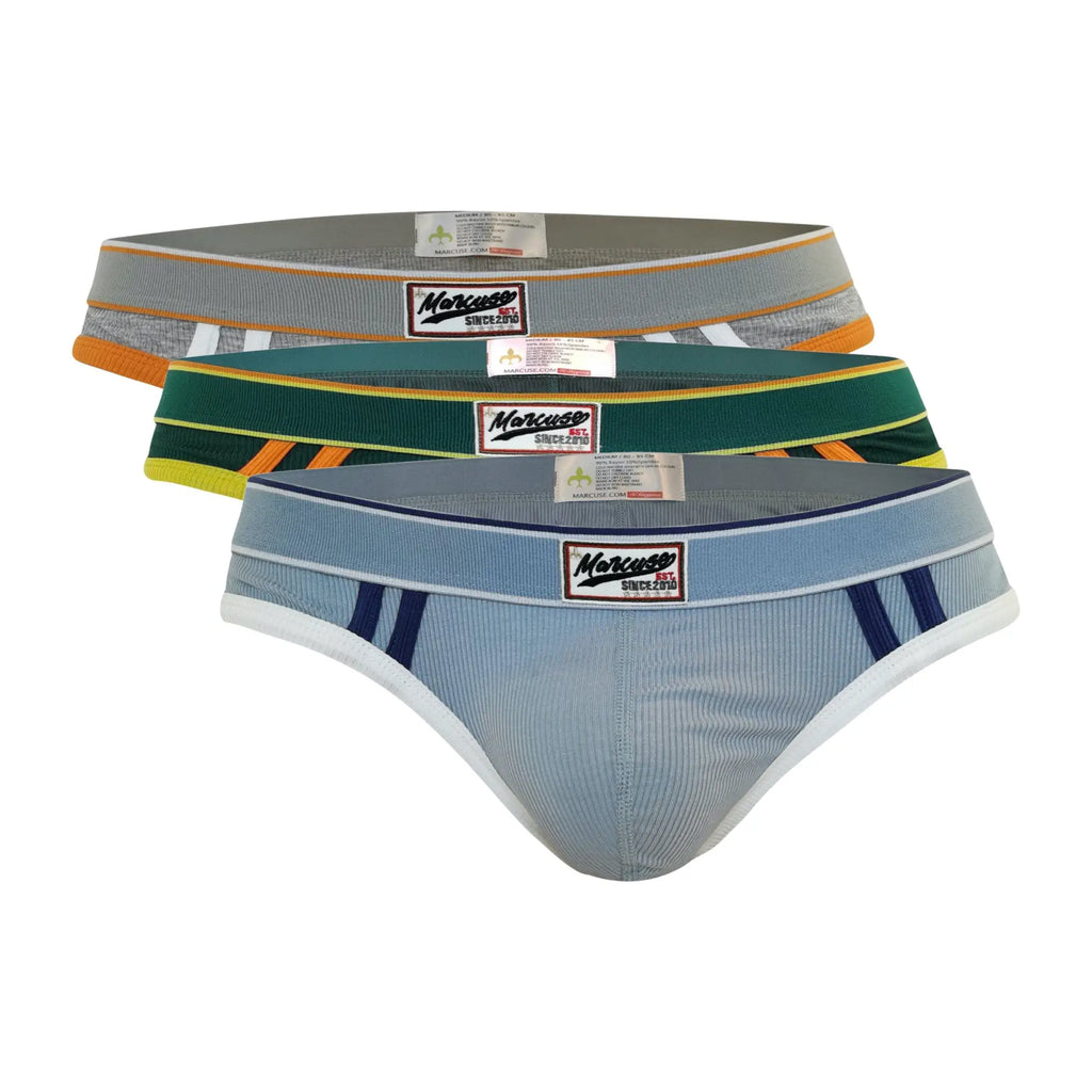 Set of three Marcuse Adventure brief underwear in gray green and blue with striped accents for comfortable support