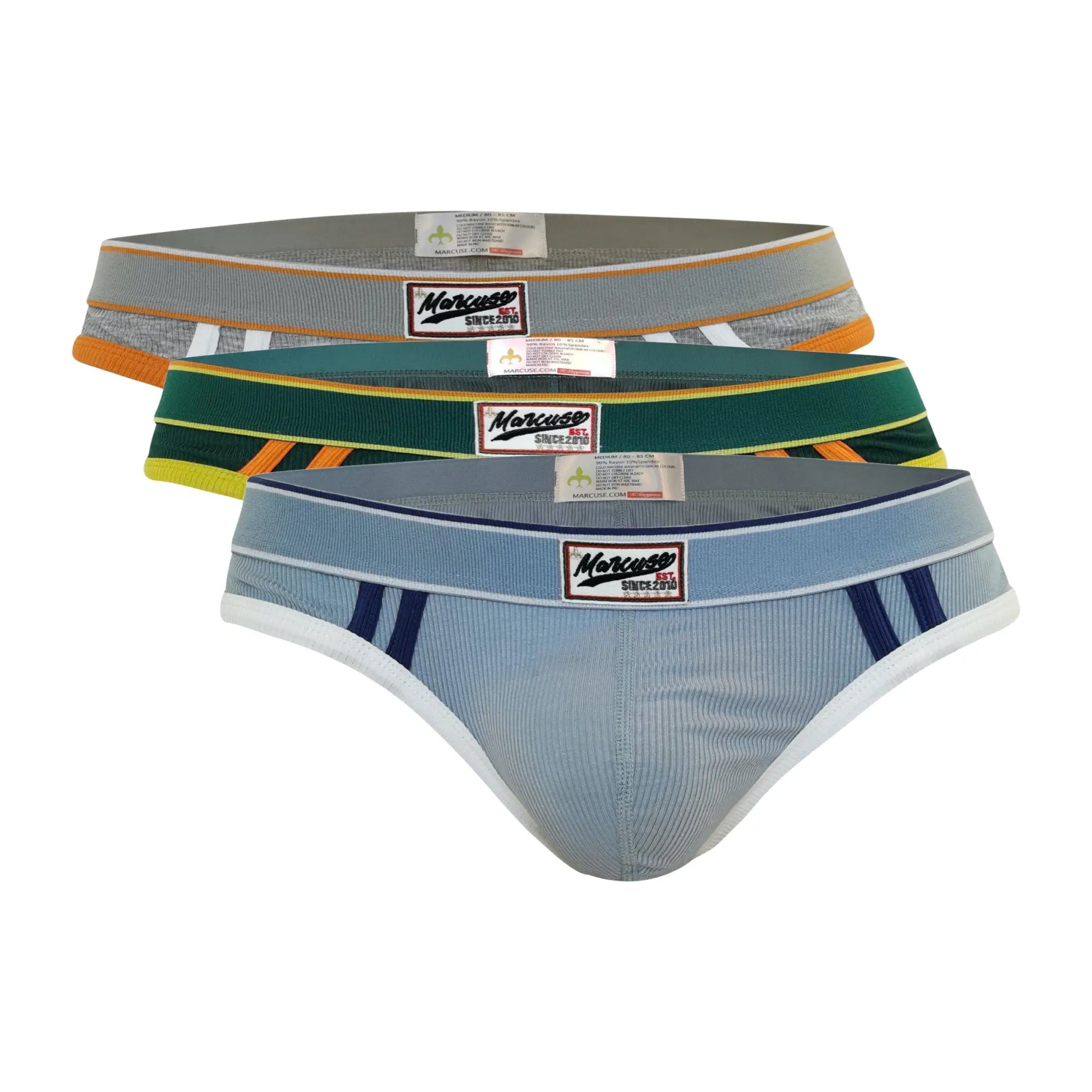 Set of three Marcuse Adventure brief underwear in gray green and blue with striped accents for comfortable support
