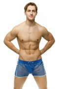 Marcuse Alba shorts blue mesh swim trunks with white trim and lace-up front for swimming and beachwear