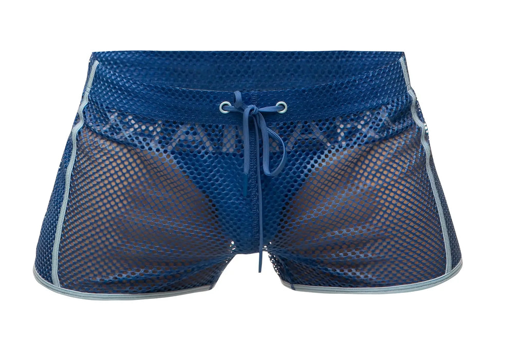 Marcuse Alba shorts blue mesh swim shorts with drawstring waistband and light gray trim for swimming and beachwear