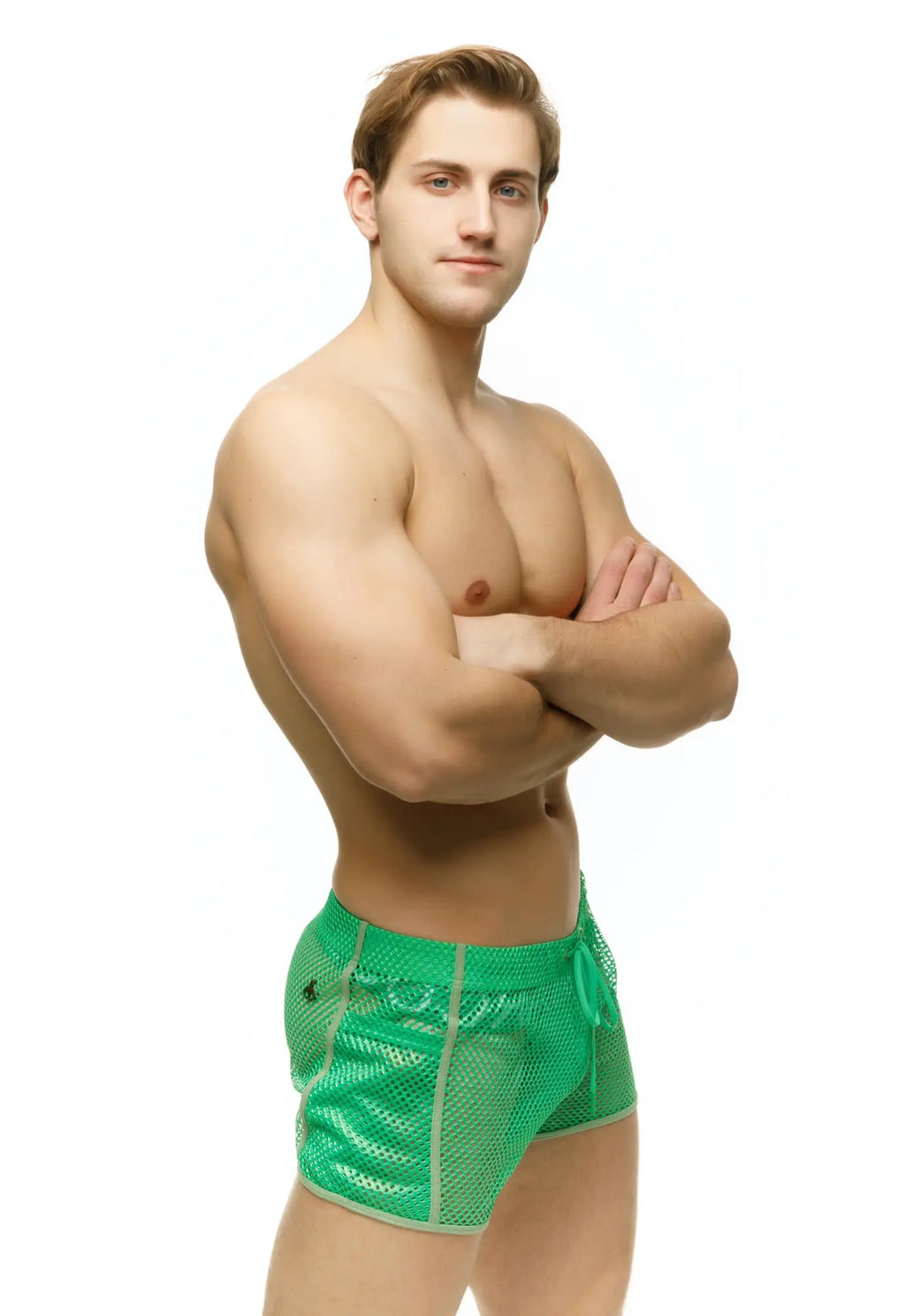 Marcuse Alba shorts bright green mesh swim trunks with subtle sheen and light-colored trim for swimming