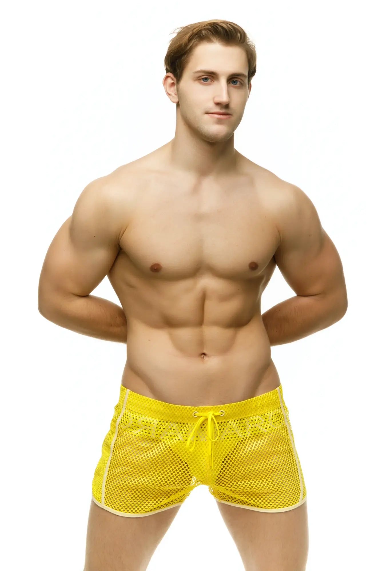 Marcuse Alba shorts bright yellow mesh swim trunks with drawstring waistband for comfortable beachwear