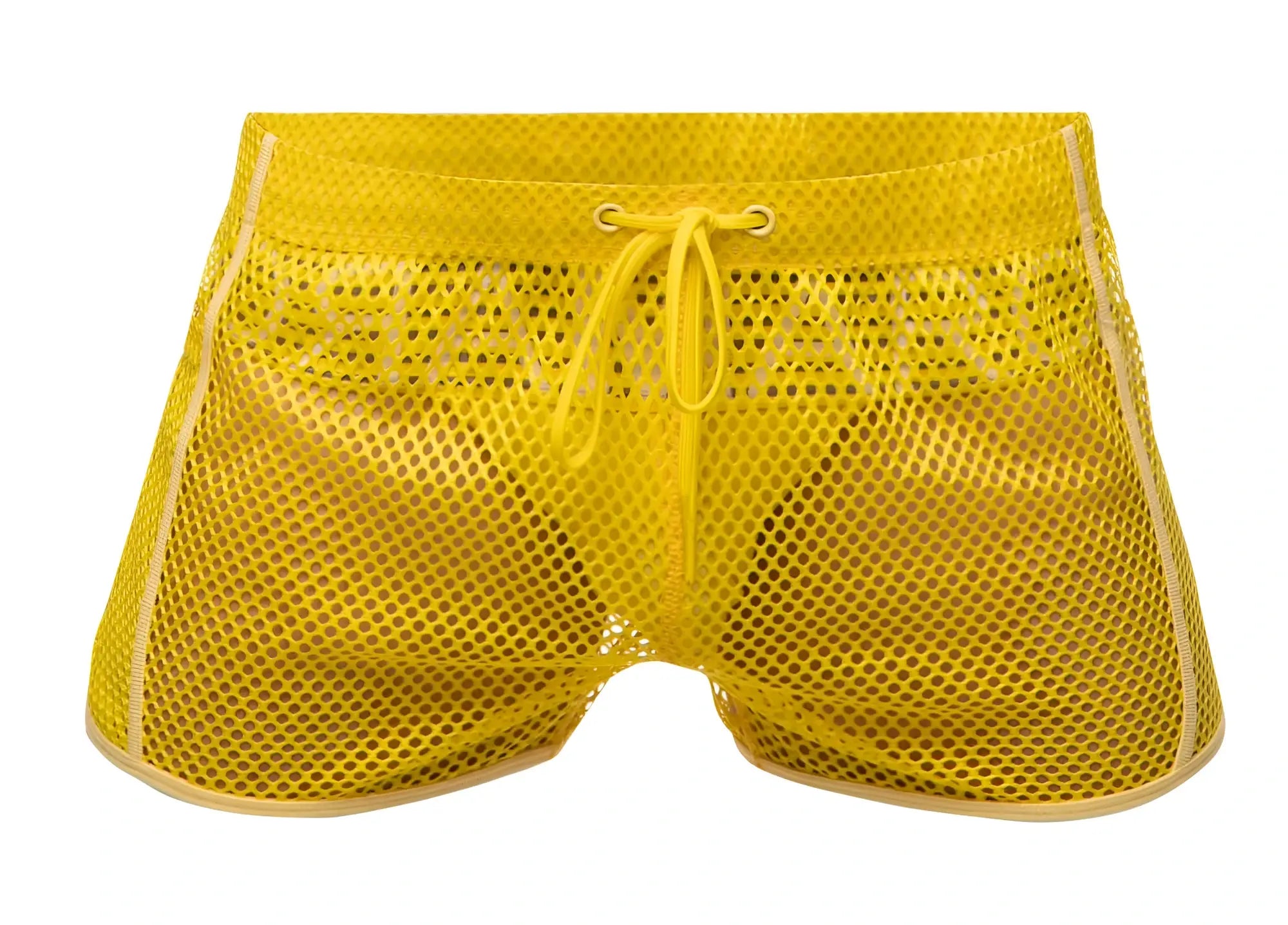 Marcuse Alba shorts bright yellow mesh shorts with drawstring waistband and beige trim along the sides