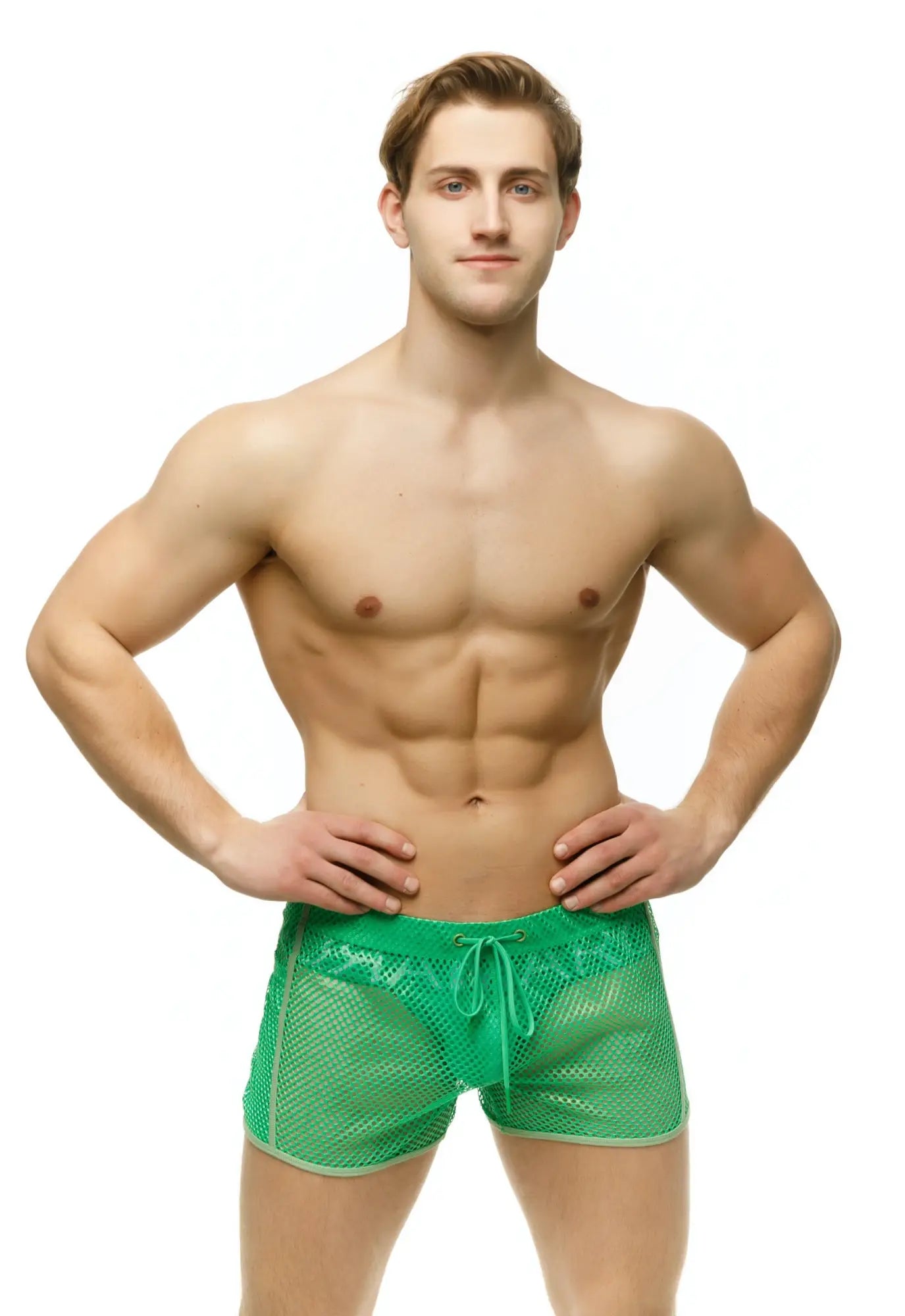 Green mesh swim trunks with drawstring waistband marcuse alba shorts suitable for beach and pool use