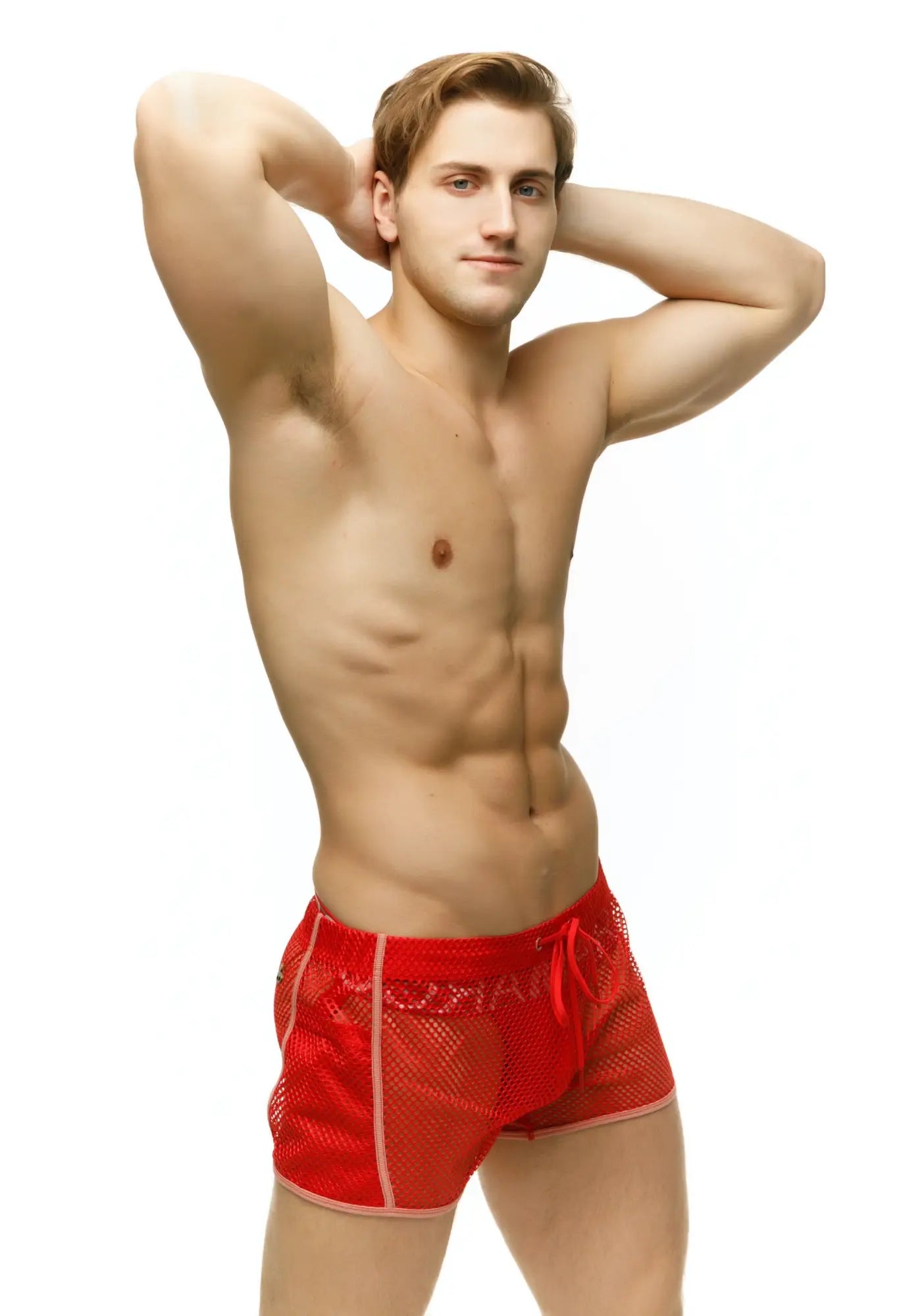 Marcuse Alba shorts in red mesh with a drawstring waistband and pink trim for athletic use