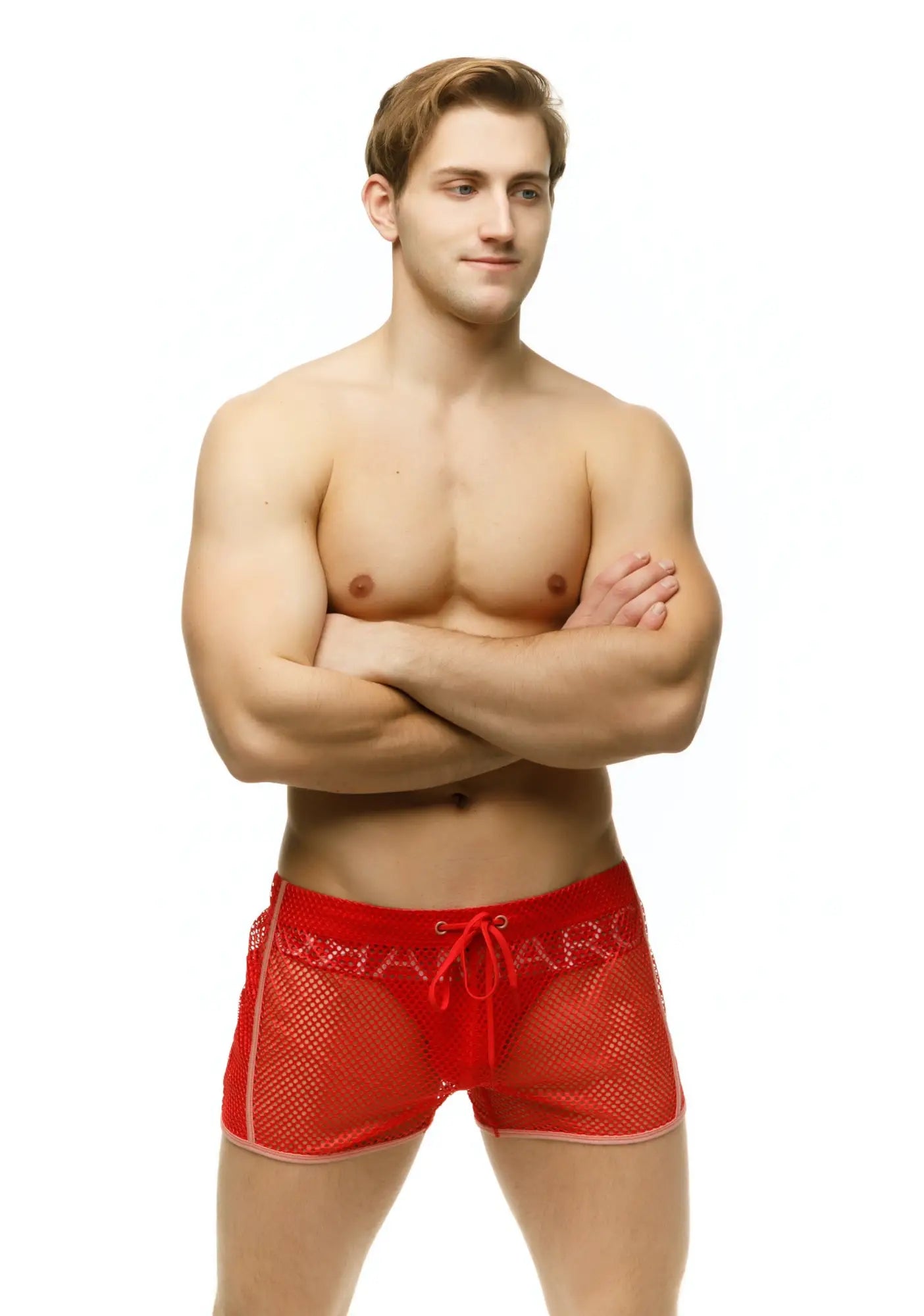 Marcuse Alba shorts red mesh swim trunks with drawstring waistband and embroidered branding on front side