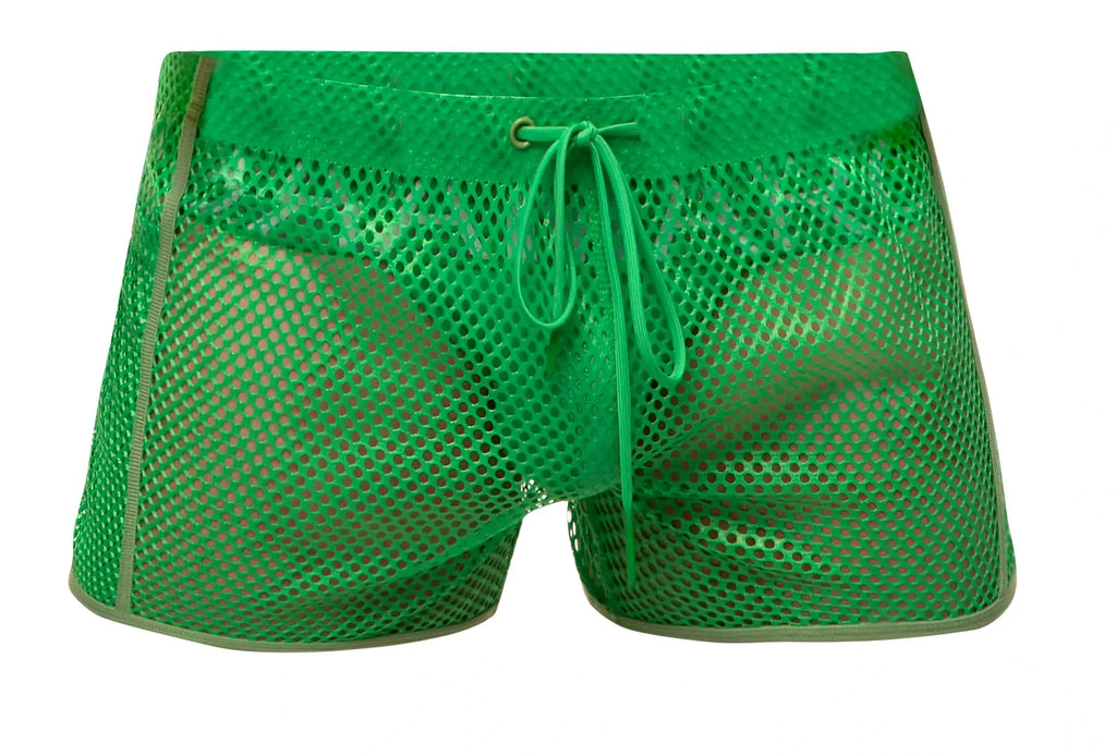Marcuse alba shorts featuring vibrant green mesh fabric with a matching drawstring waistband and olive-green trim