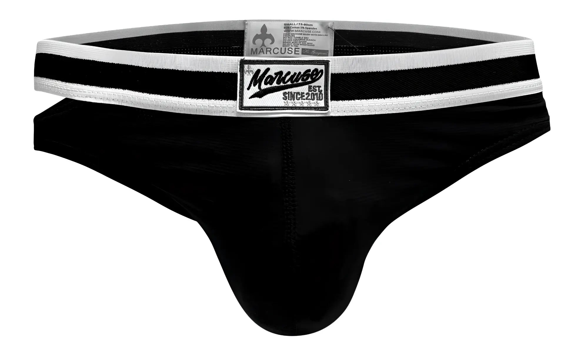 Black marcuse alexander brief thong with white striped waistband and branded label for comfortable wear