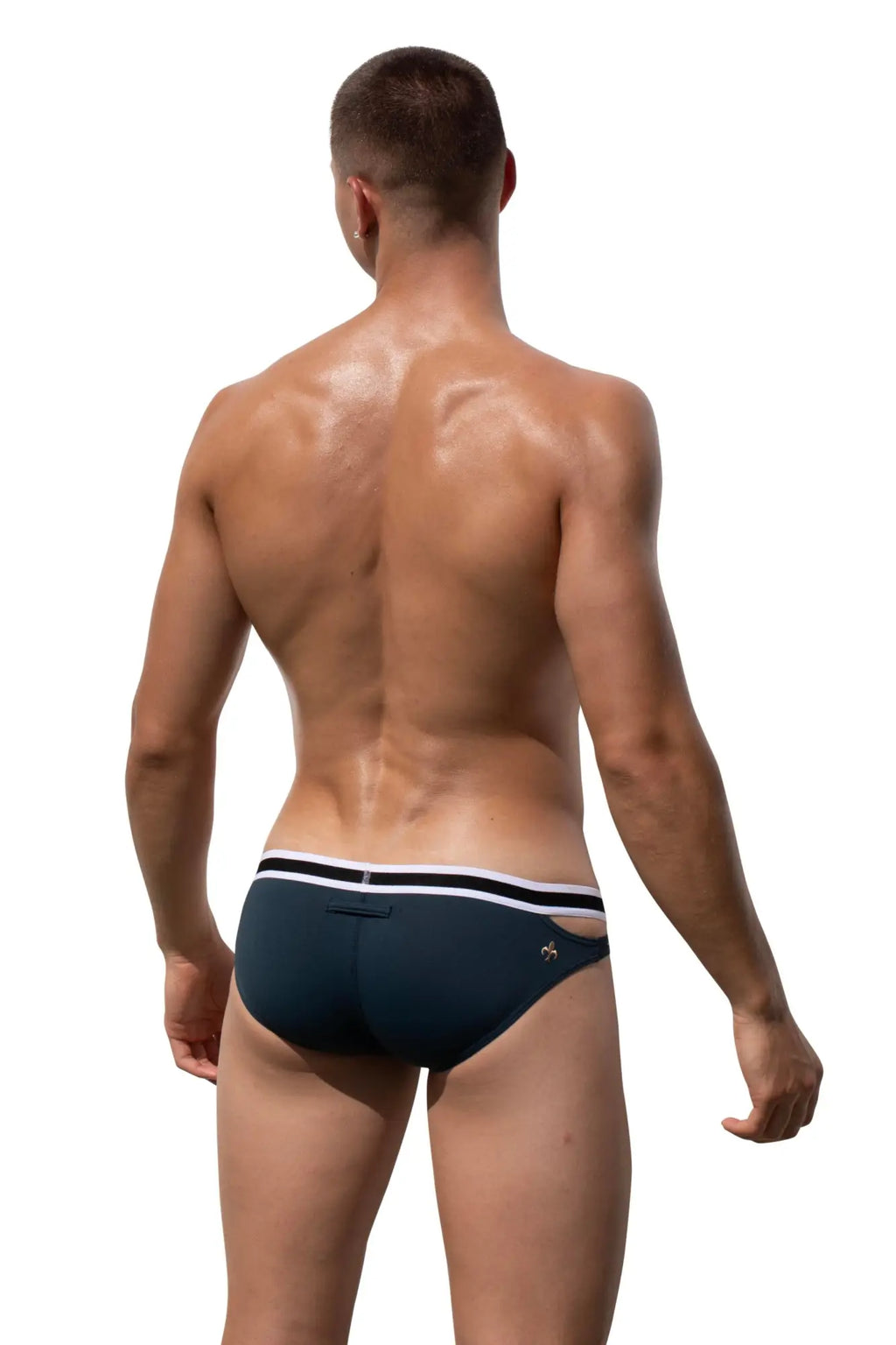 Dark blue Marcuse Alexander brief underwear with white and black striped waistband for comfortable everyday wear